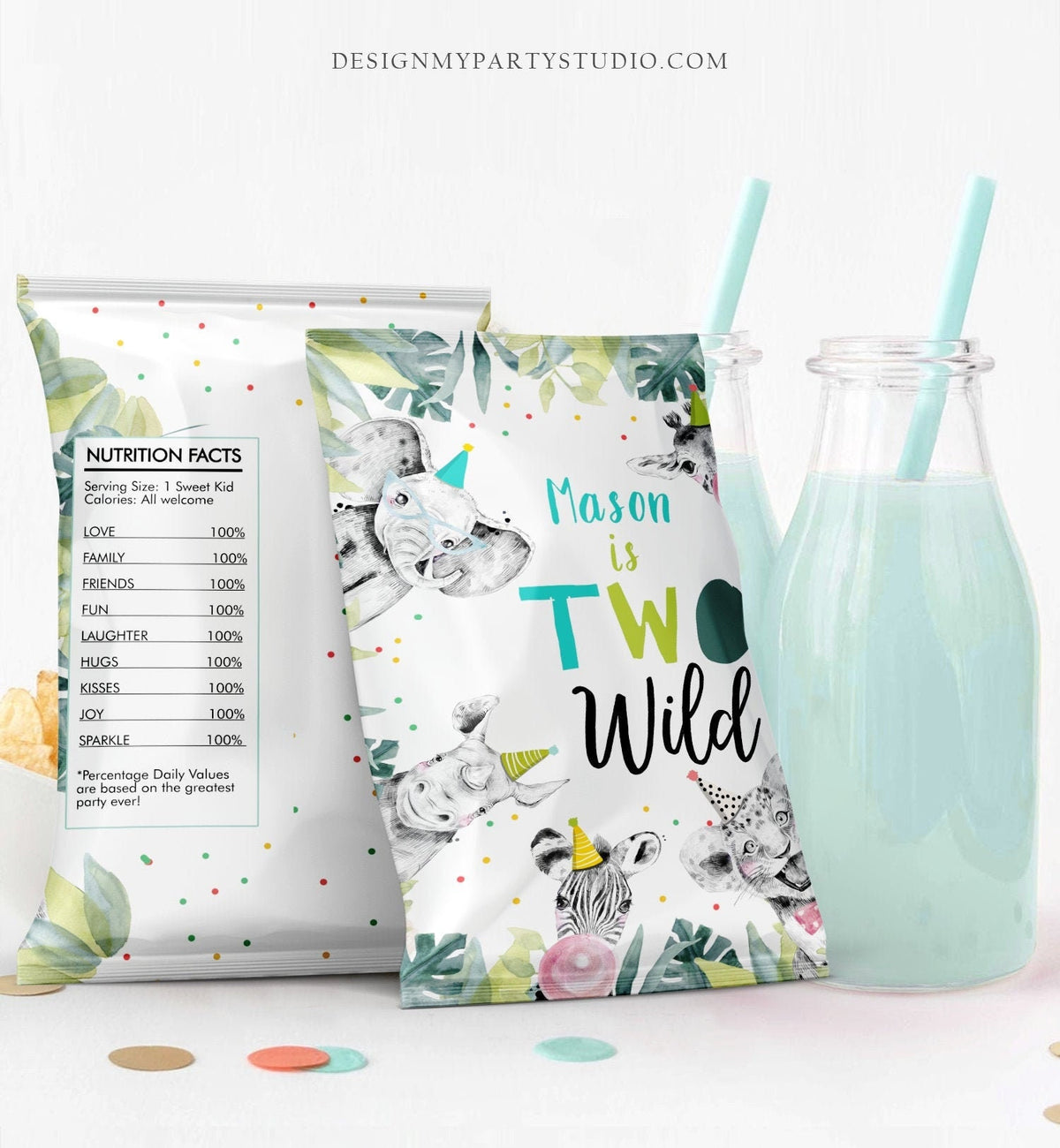 Editable Two Wild Birthday Chip Bag Party Animals 2nd Birthday Decor Boy Zoo Safari Animals Snack Favors Digital Template Printable 0322