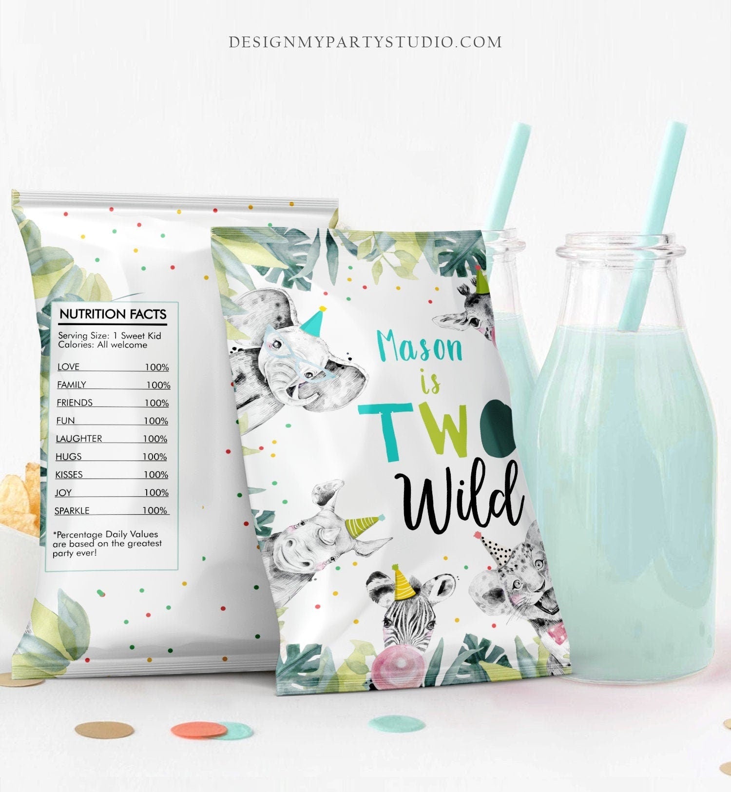 Editable Two Wild Birthday Chip Bag Party Animals 2nd Birthday Decor Boy Zoo Safari Animals Snack Favors Digital Template Printable 0322