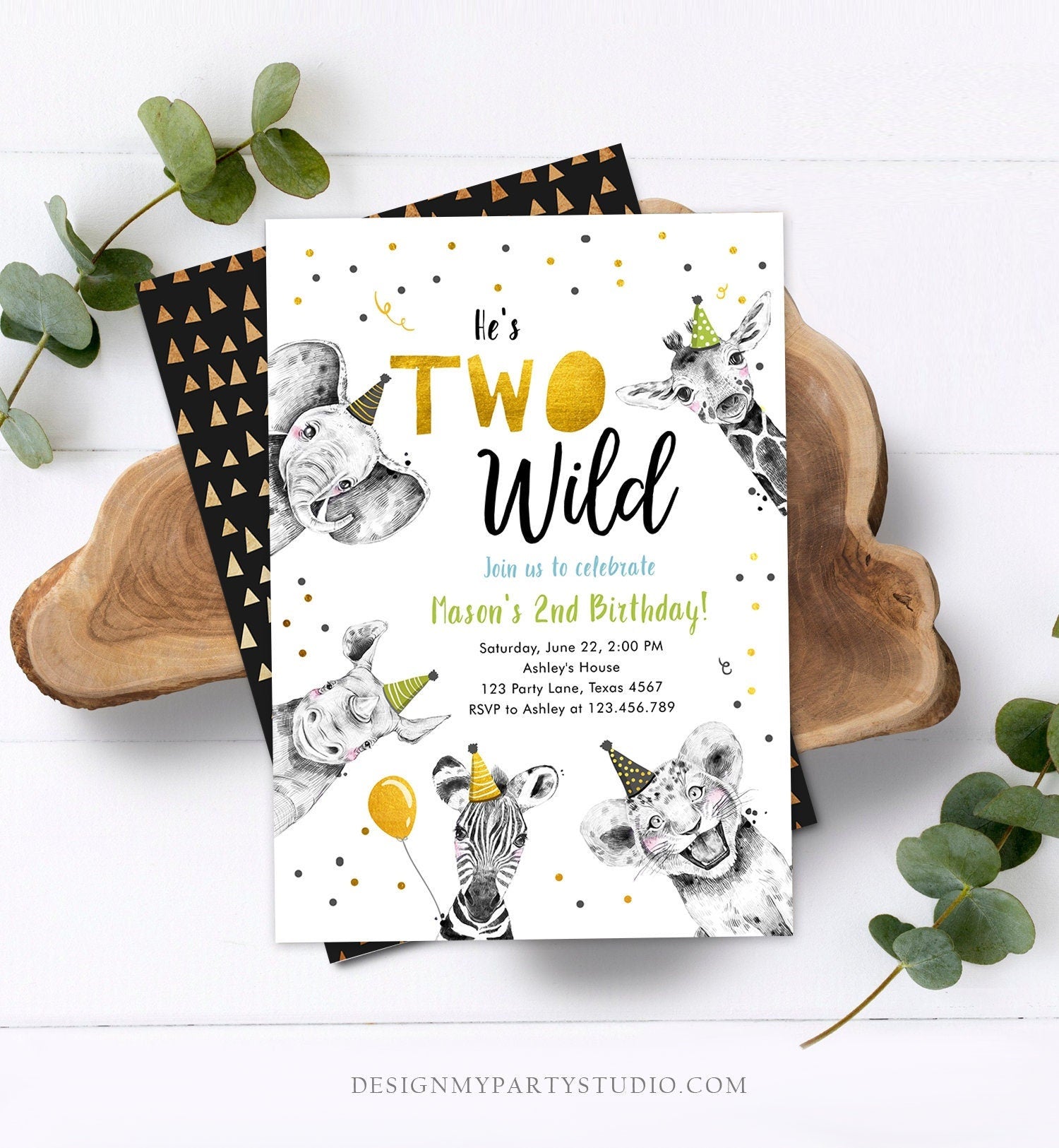 Editable Two Wild Birthday Invitation Safari Animals Party Animals Boy Green Gold Second Birthday 2nd Digital Evite Template Printable 0390