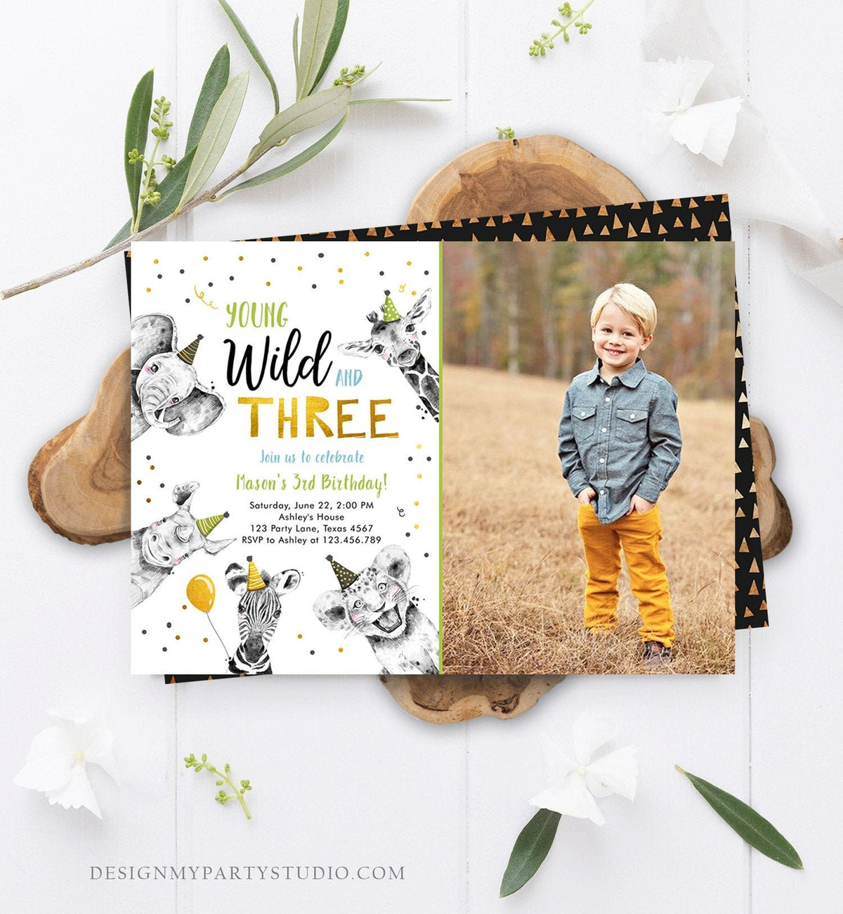 Editable Young Wild and Three Birthday Invitation Boy Green Gold Third 3rd Safari Animals Digital Download Evite Template Printable 0390