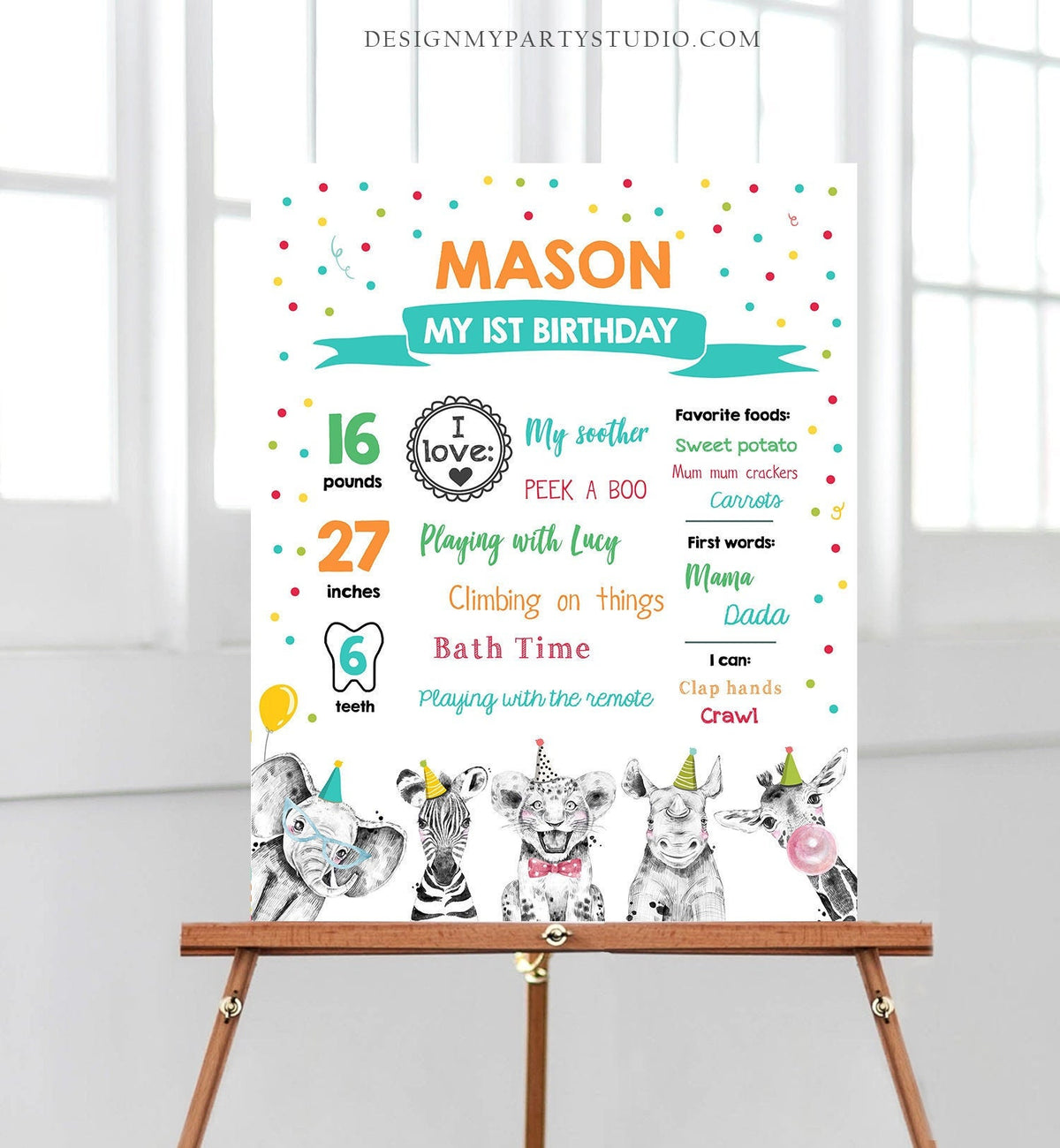 Editable Party Animals Birthday Milestones Sign Boy Green Blue First Birthday 1st Safari Animals Wild Zoo Digital Template Printable 0390