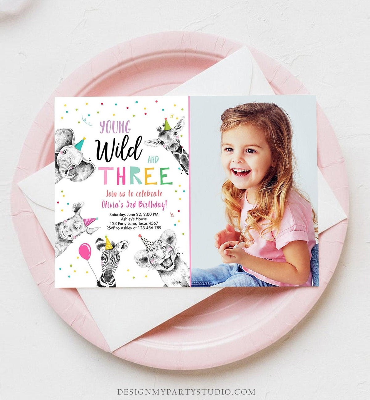 Editable Young Wild and Three Birthday Invitation Girl Pink and Gold Safari Party Animals Digital Download Evite Template Printable 0390