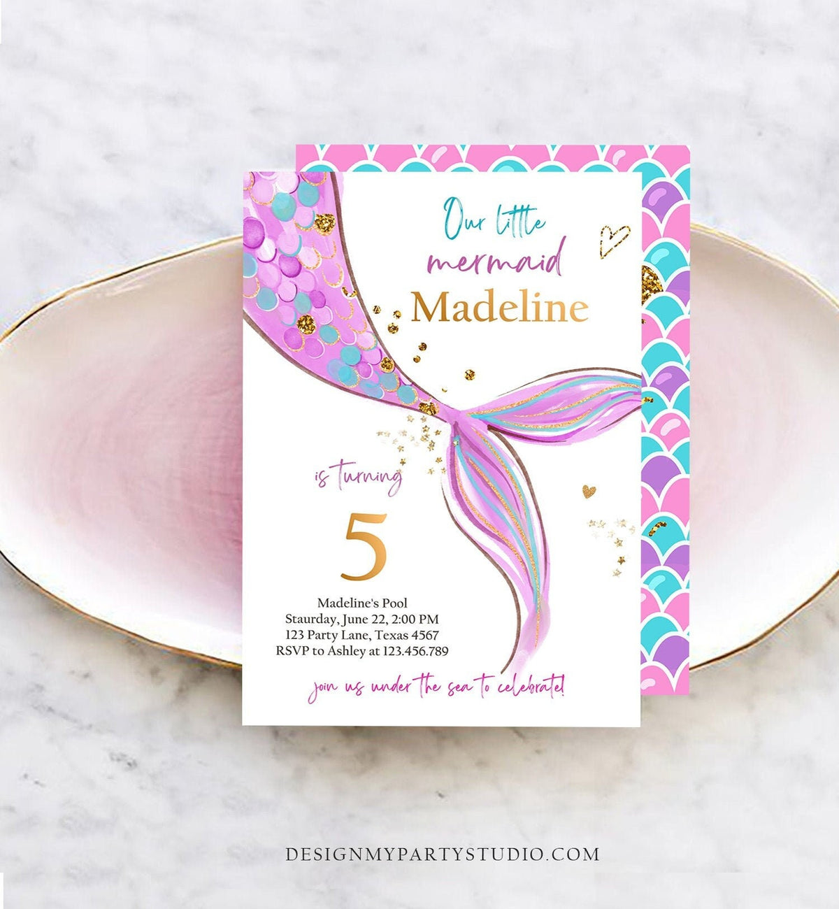 Editable Mermaid Birthday Party Invitation Girl Pink Purple Gold Mermaid Birthday Under The Sea Digital Download Template Printable 0403