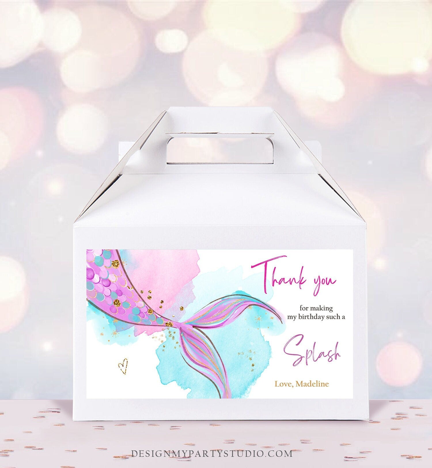 Mermaid Gable Gift Box Label Pink Mermaid Birthday Girl Favor Box Label Under The Sea Pink Purple Digital Download Template Printable 0403