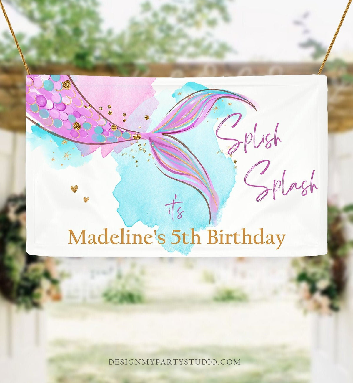 Editable Mermaid Backdrop Banner Mermaid Birthday Girl Pink Purple Gold Watercolor Under The Sea Digital Download Template Printable 0403