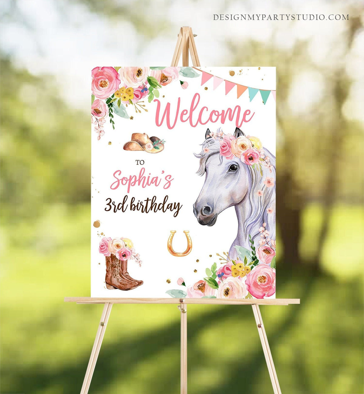 Editable Horse Birthday Welcome Sign Pony Birthday Welcome Sign Cowgirl Party Floral Girl Horse Digital Download Template Printable 0408