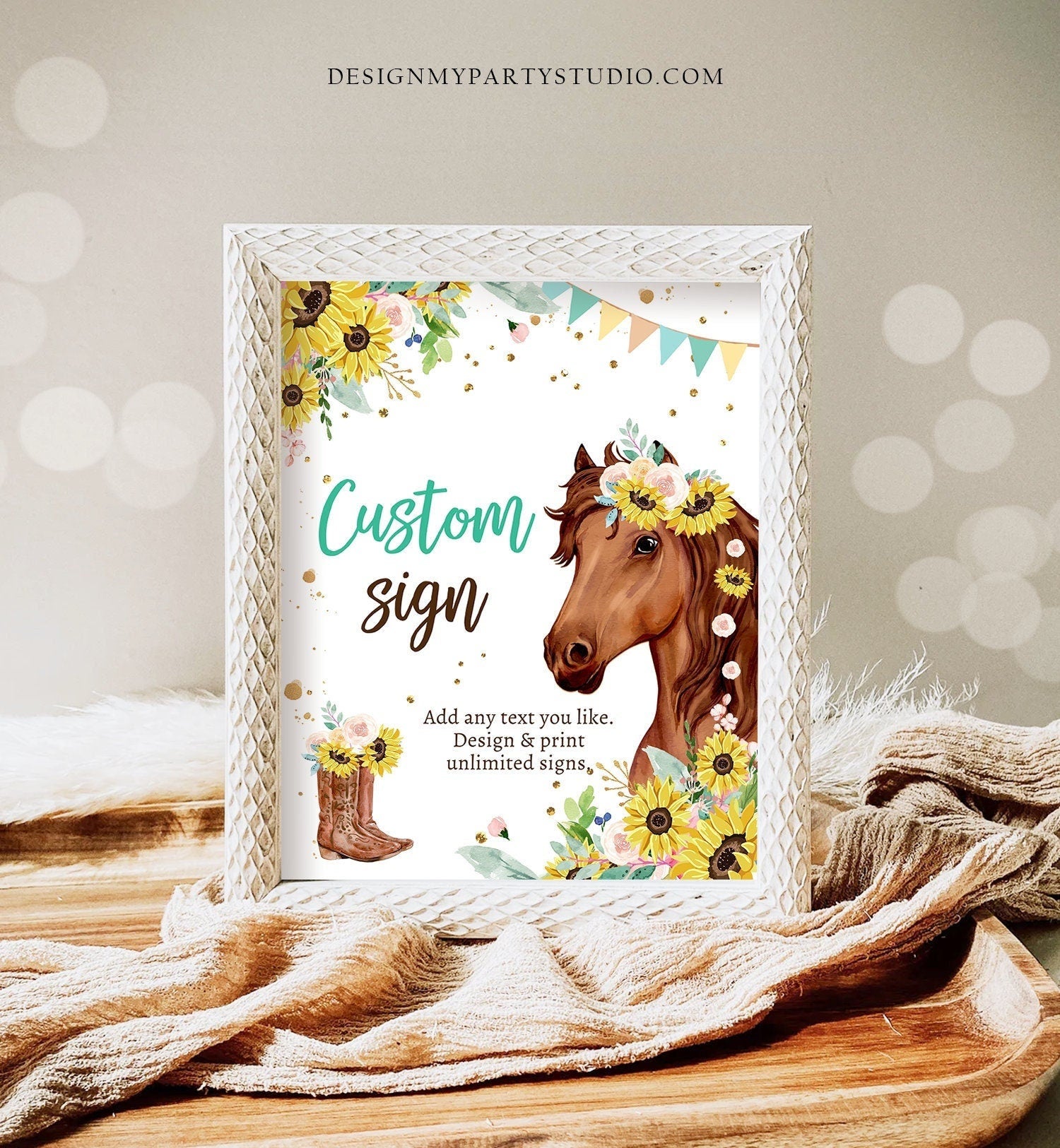 Editable Custom Horse Birthday Party Sign Saddle Up Cowgirl Party Sign Sunflowers Horse Girl Table Sign 8x10 Digital Template Printable 0408