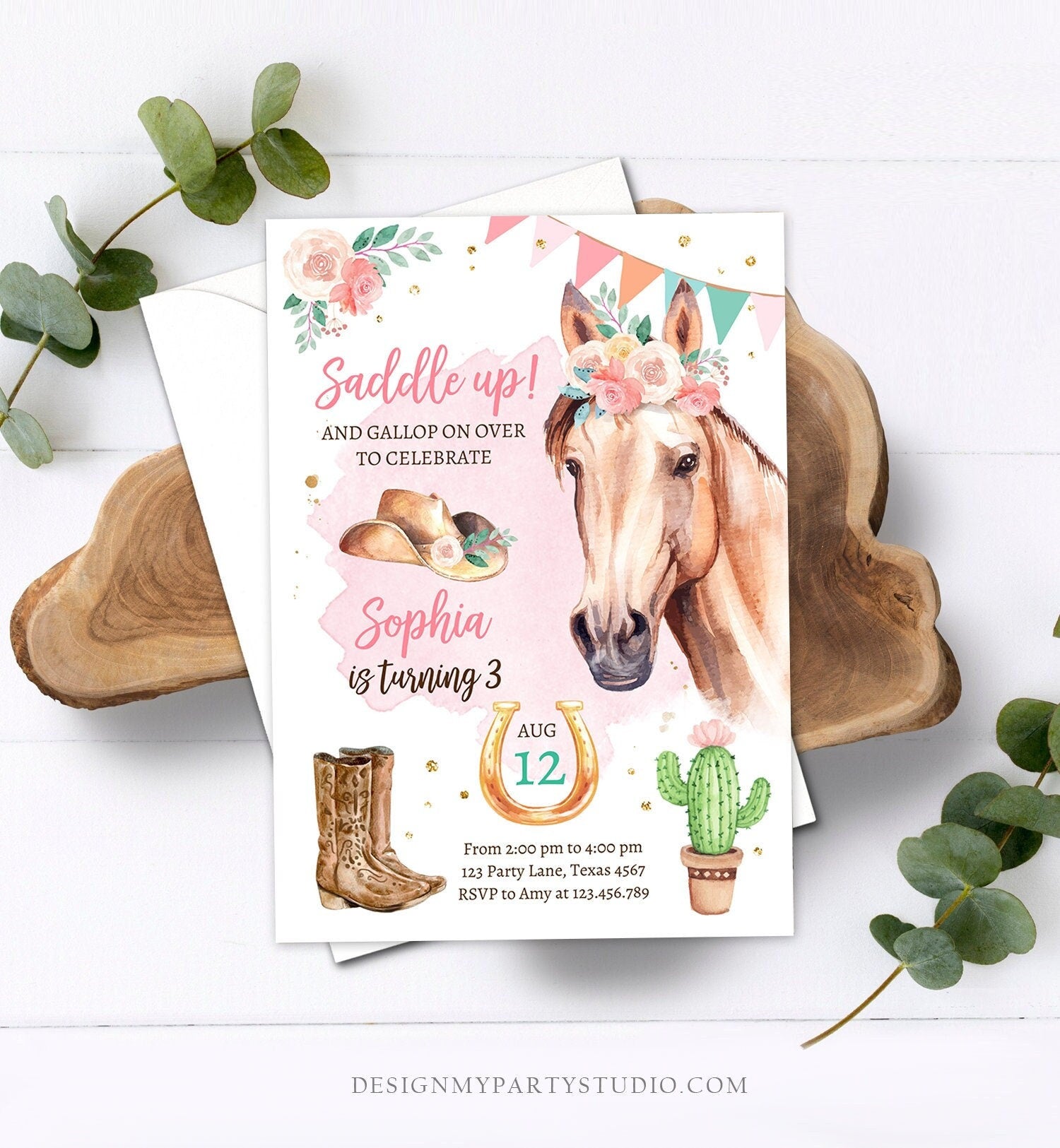 Editable Cowgirl Birthday Invitation Girl Saddle Up Watercolor Horse Party Horse Birthday Pink Digital Download Template Printable 0398