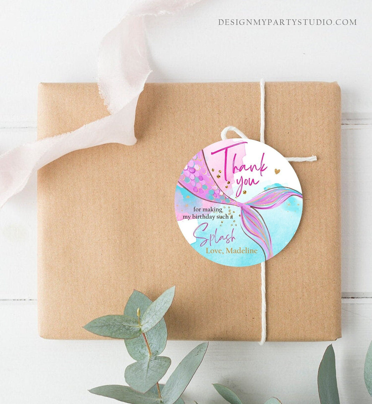 Editable Mermaid Birthday Favor Tags Under The Sea Thank you Stickers Mermaid Party Girl Pink Gold Digital Download Template Printable 0403