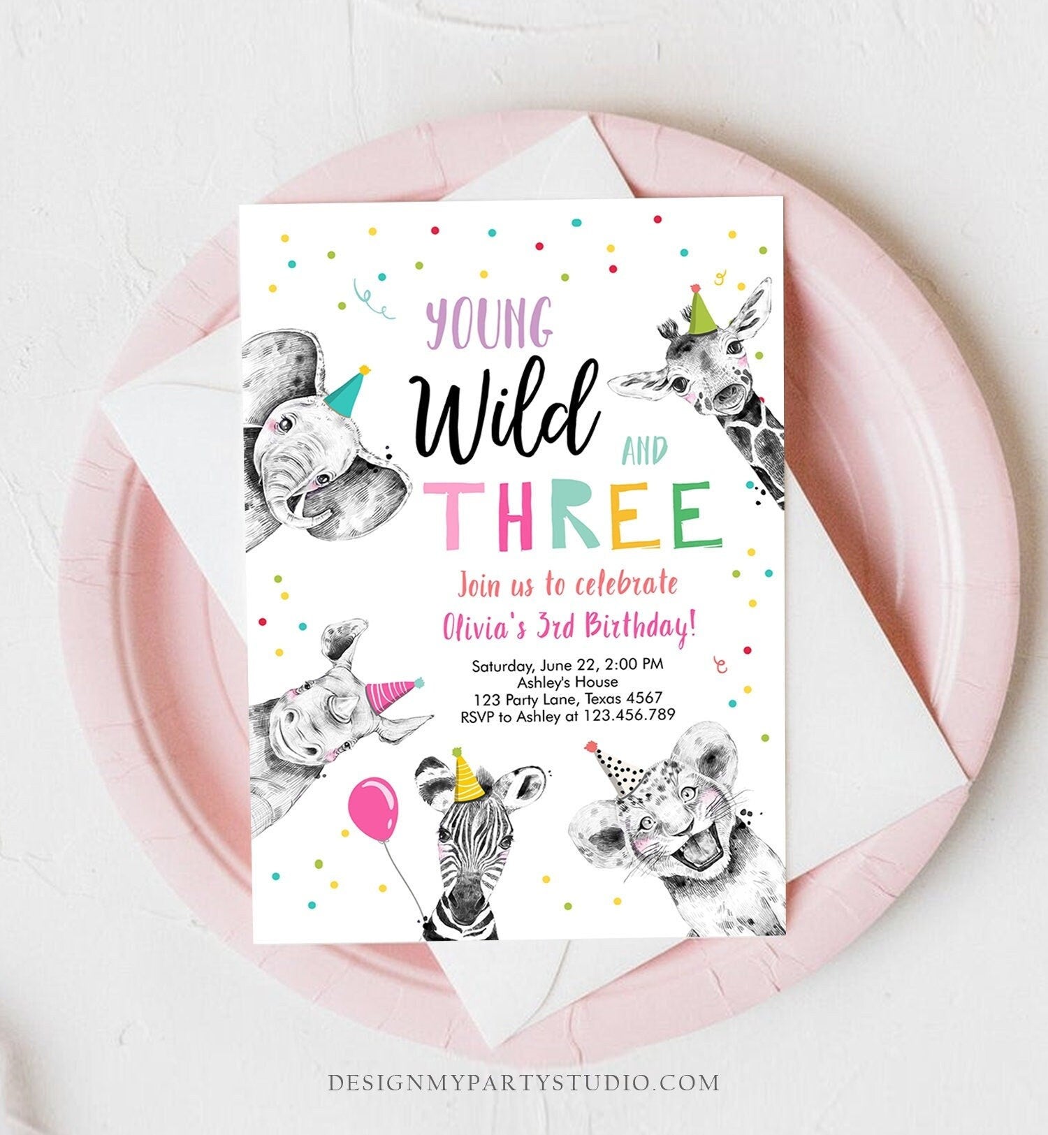 Editable Young Wild and Three Birthday Invitation Girl Pink and Gold Safari Party Animals Digital Download Evite Template Printable 0390
