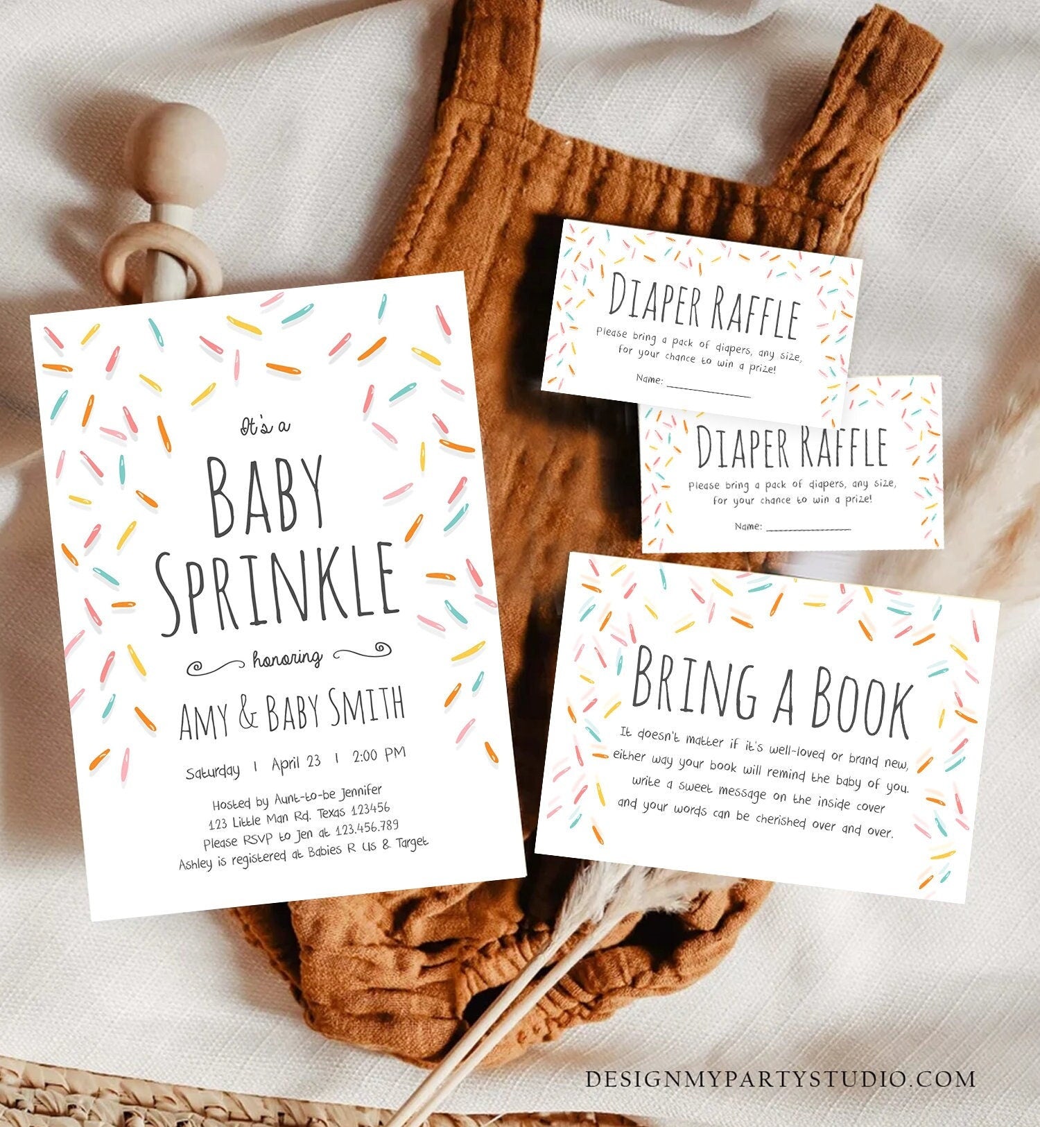 Editable Baby Sprinkle Shower Invitation Bundle Gender Neutral Sprinkles Diaper Raffle Book Card Suite Digital Template Printable 0216