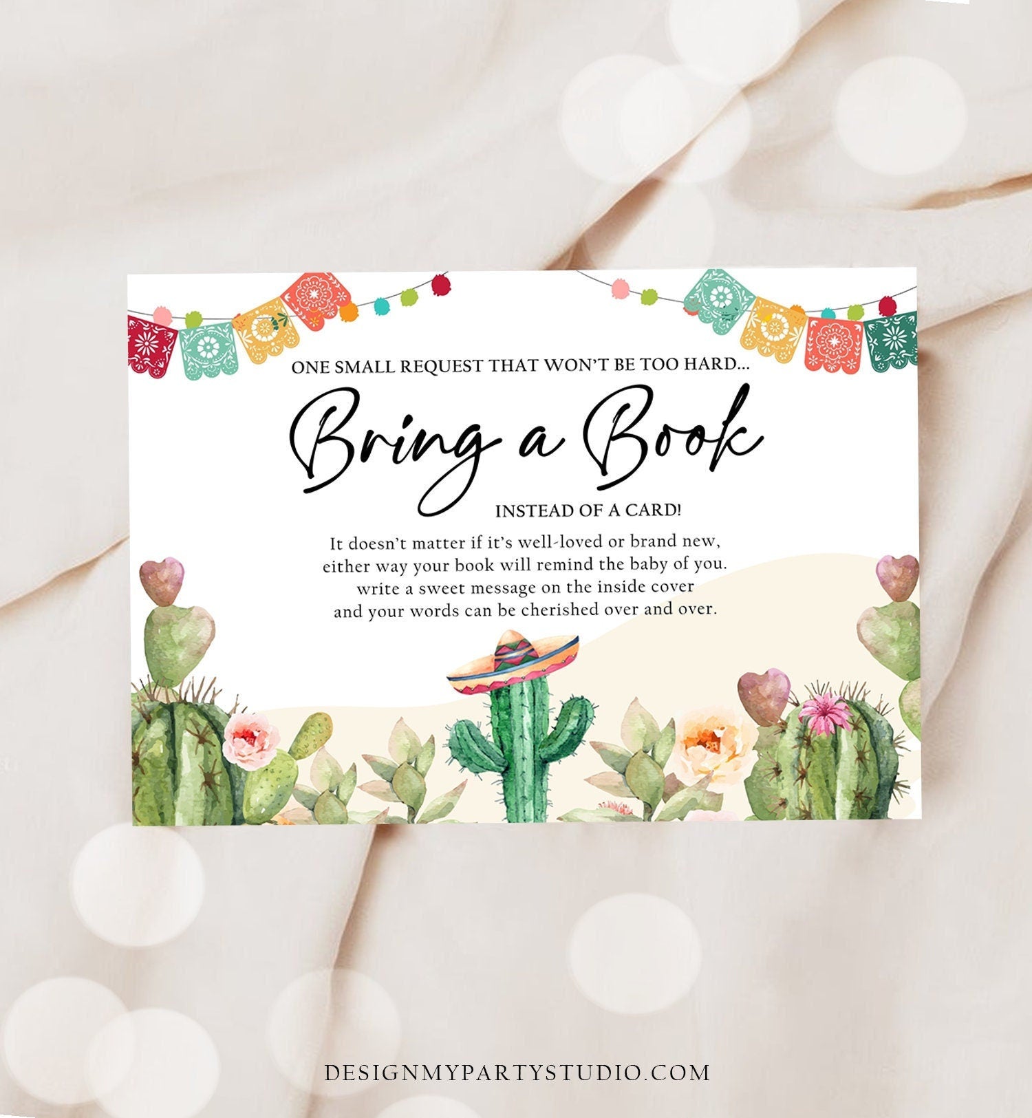 Editable Bring a Book Card Baby Shower Cactus Fiesta Taco Bout a Baby Book Insert Books for Baby Request Digital Template Printable 0404