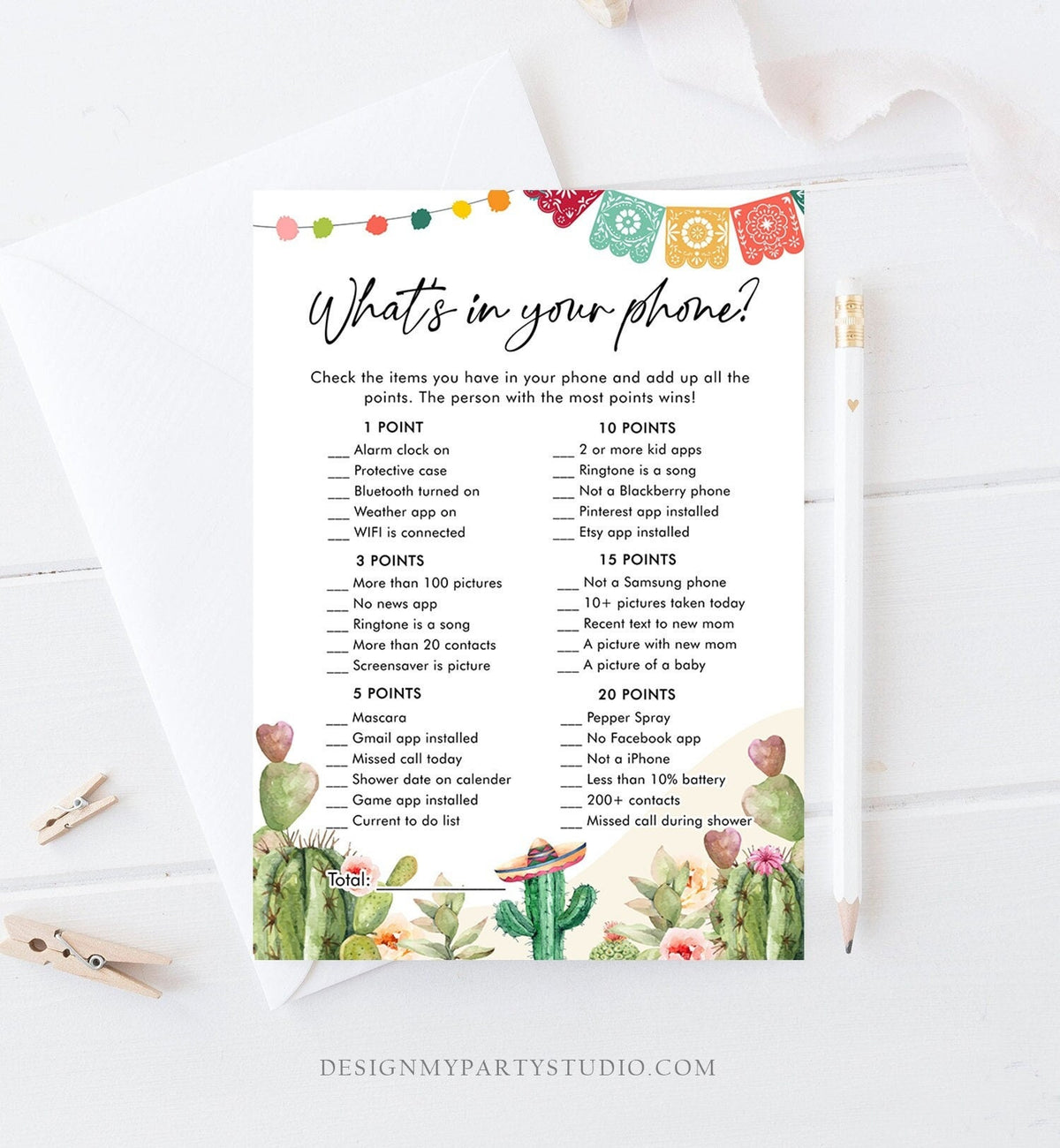 Editable What&#39;s in your Phone Bridal Shower Game Cactus Fiesta Mexican Shower Succulent Wedding Activity Digital Template Printable 0404