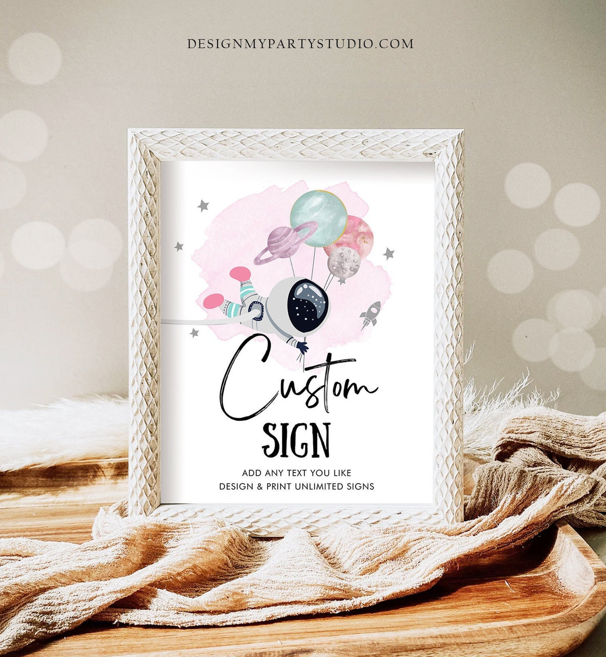 Editable Custom Sign Space Astronaut Birthday Party Outer Planets Galaxy Baby Shower Decor Girl Pink 8x10 Digital Template Printable 0366