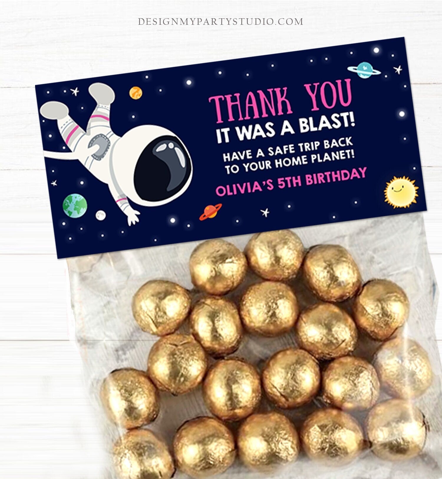 Editable Outer Space Astronaut Treat Bag Toppers Birthday Party Thank You It Was a Blast Sun Houston Girl Digital Template Printable 0259