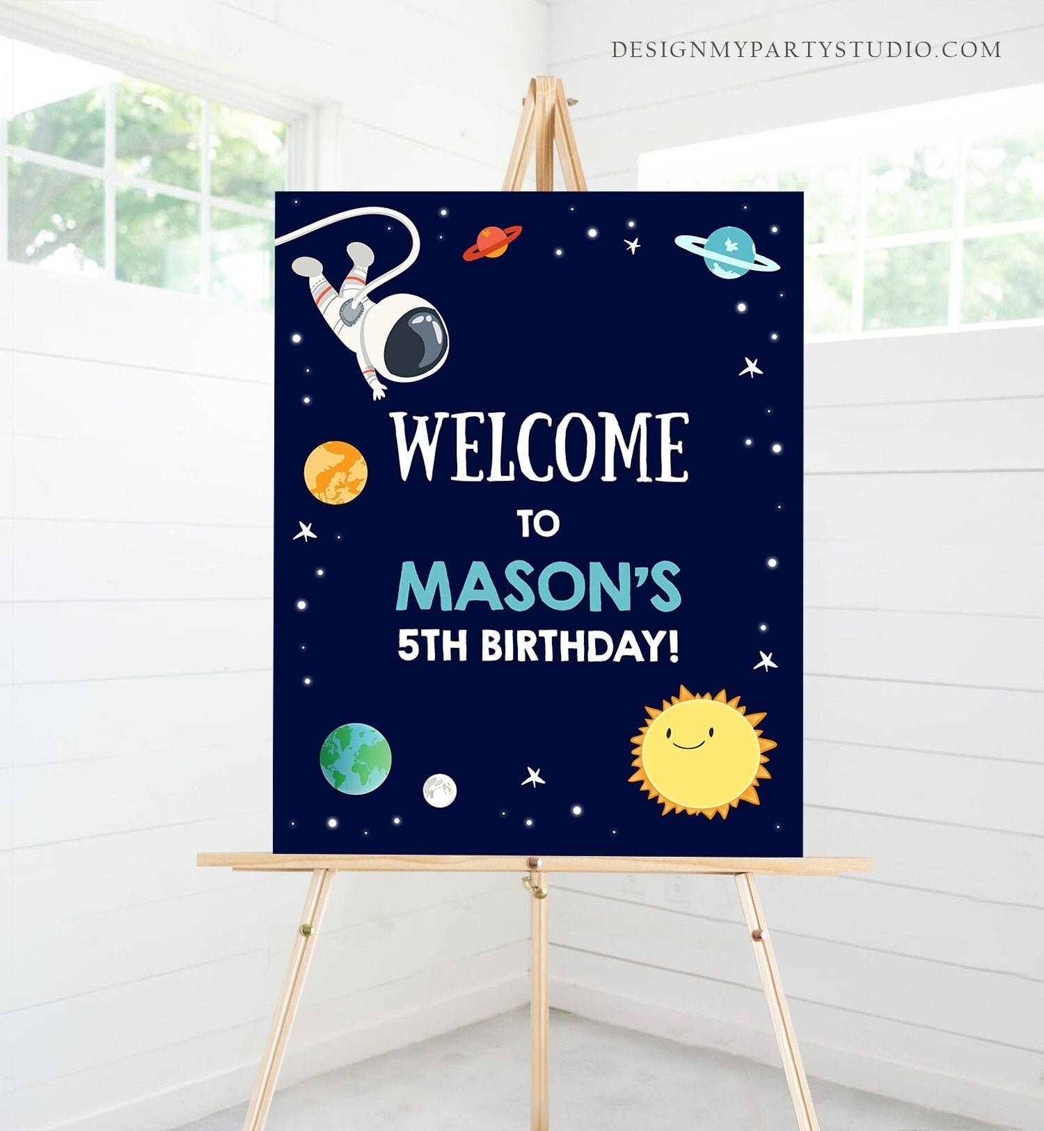 Editable Space Astronaut Welcome Sign Birthday Baby Shower Welcome 1st Birthday Boy Outer Space Adventure Digital Template Printable 0259