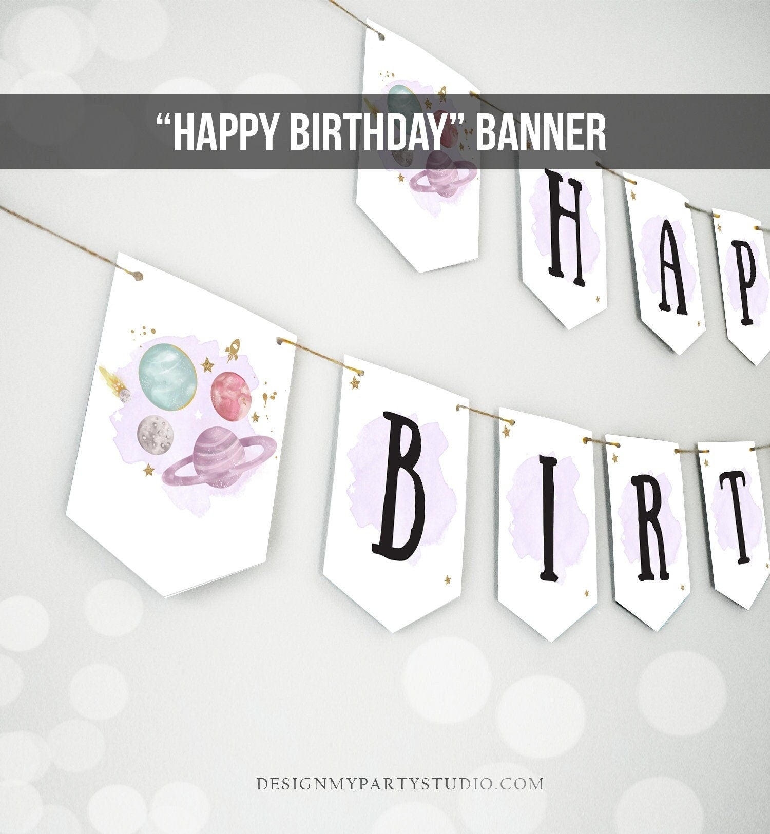 Happy Birthday Banner Outer Space Planets Banner Girl Galaxy Purple Birthday Decorations Rocket Instant Digital Download Printable 0357