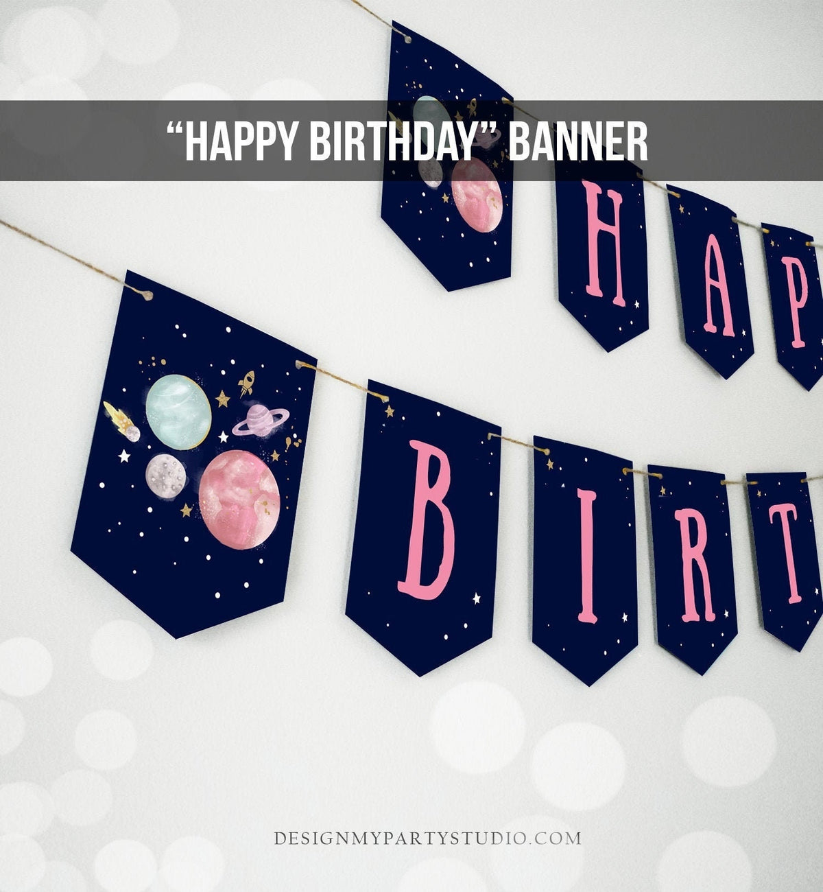 Happy Birthday Banner Outer Space Planets Banner Girl Galaxy First Birthday Decorations Rocket Instant Digital Download Printable 0357