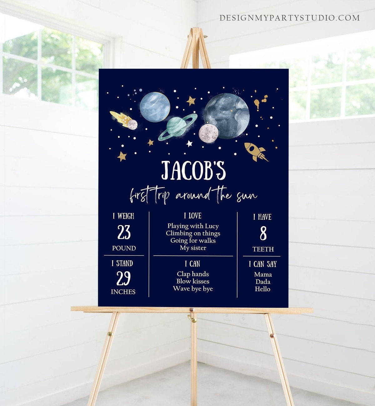 Editable Outer Space Birthday Milestones Sign First Trip Around the Sun Boy 1st Birthday Galaxy Planets Digital Template Printable 0357