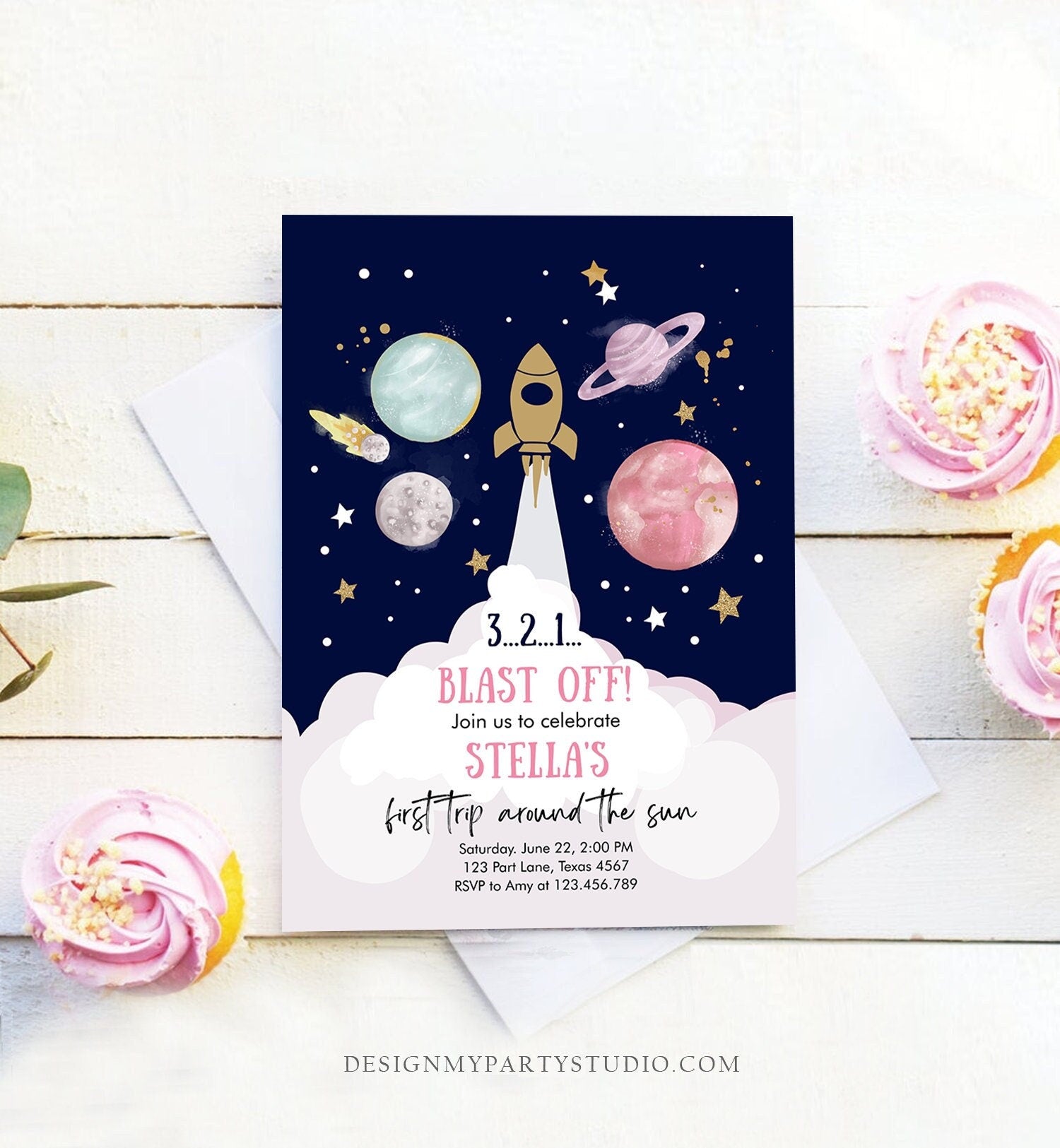 Editable Outer Space Girl First Birthday Invitation Galaxy Blast Off First Trip Around the Sun Pink Digital Evite Template Printable 0357
