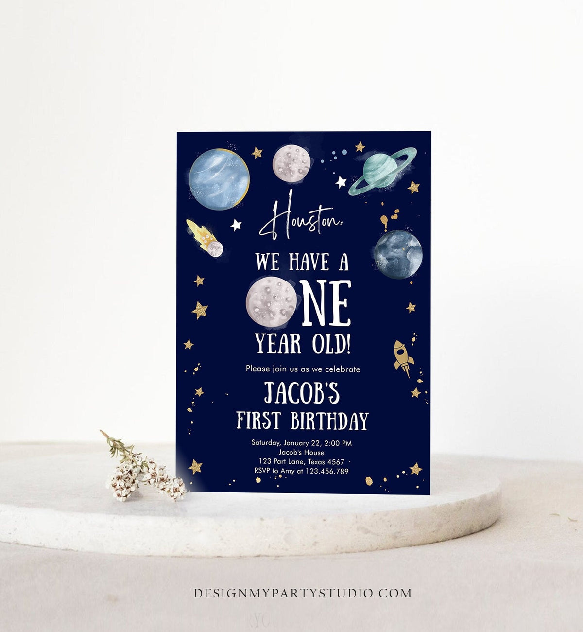 Editable Outer Space First Birthday Invitation Galaxy Houston First Trip Around the Sun One Digital Evite Template Printable 0357