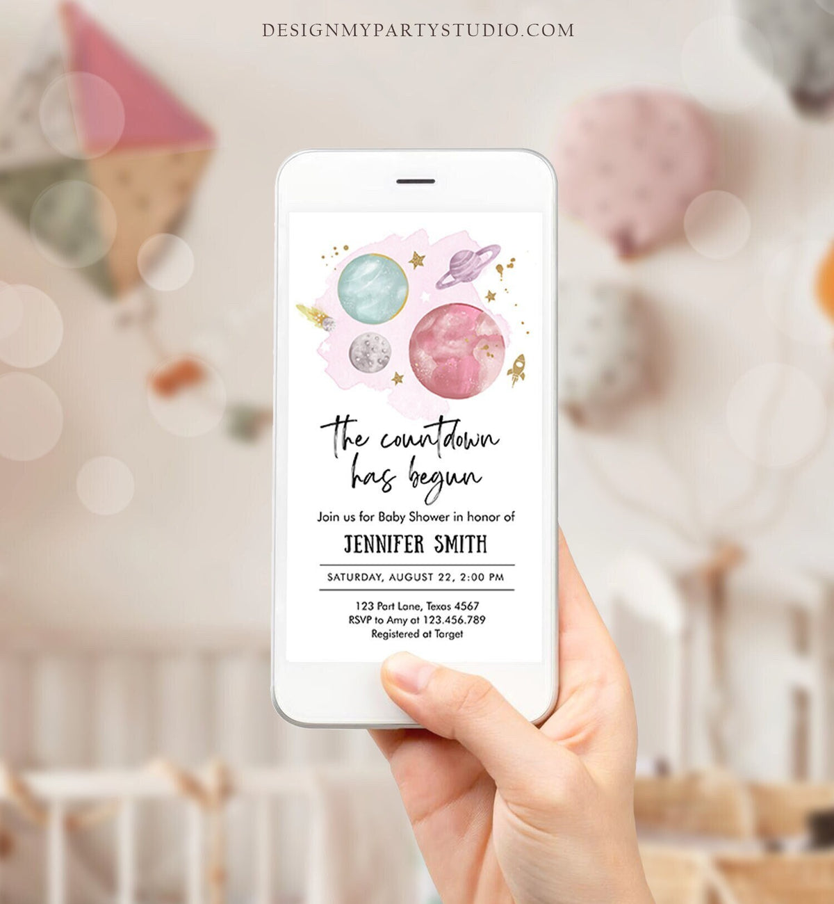 Editable Space Baby Shower Evite Galaxy Girl Pink Outer Space Planets Moon Countdown Smartphone Digital Download Template Printable 0357
