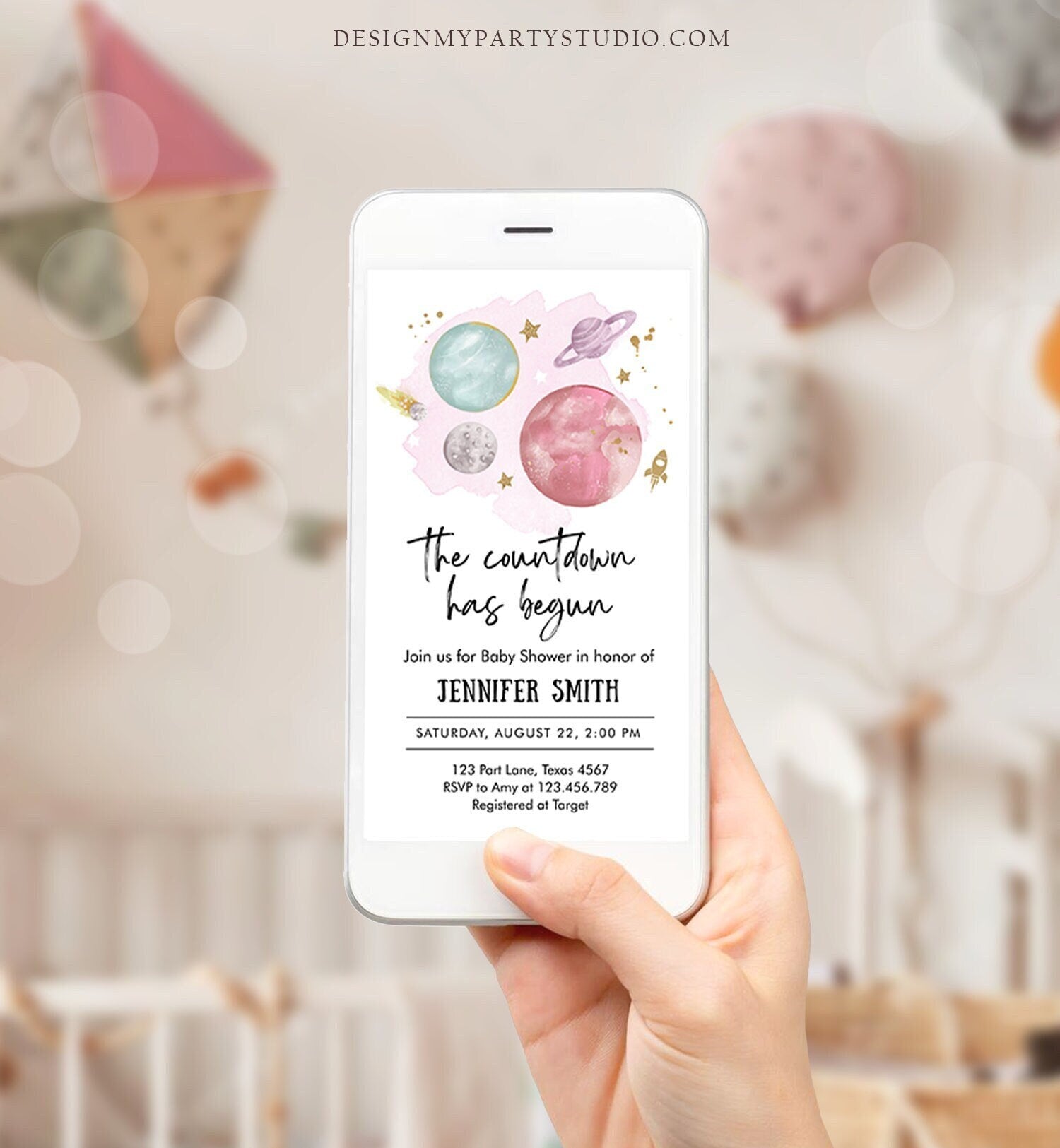 Editable Space Baby Shower Evite Galaxy Girl Pink Outer Space Planets Moon Countdown Smartphone Digital Download Template Printable 0357