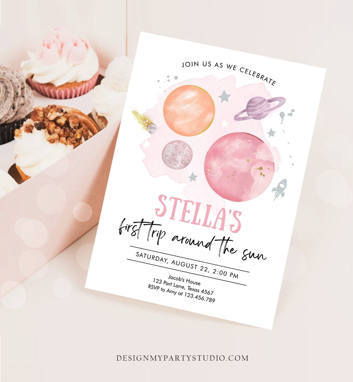 Editable Outer Space Girl First Birthday Invitation Galaxy First Trip Around the Sun Pink Silver Digital Download Template Printable 0357