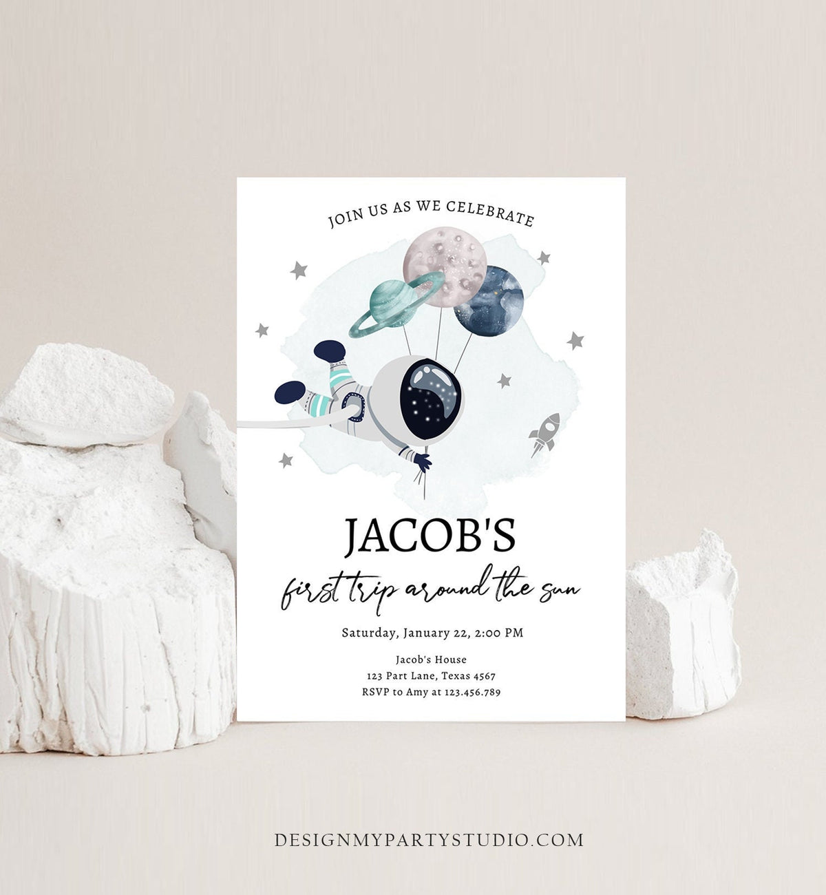 Editable Out of This World Birthday Invitation Outer Space Planets Rocket Ship Galaxy Astronaut Silver Boy Digital Template Printable 0366