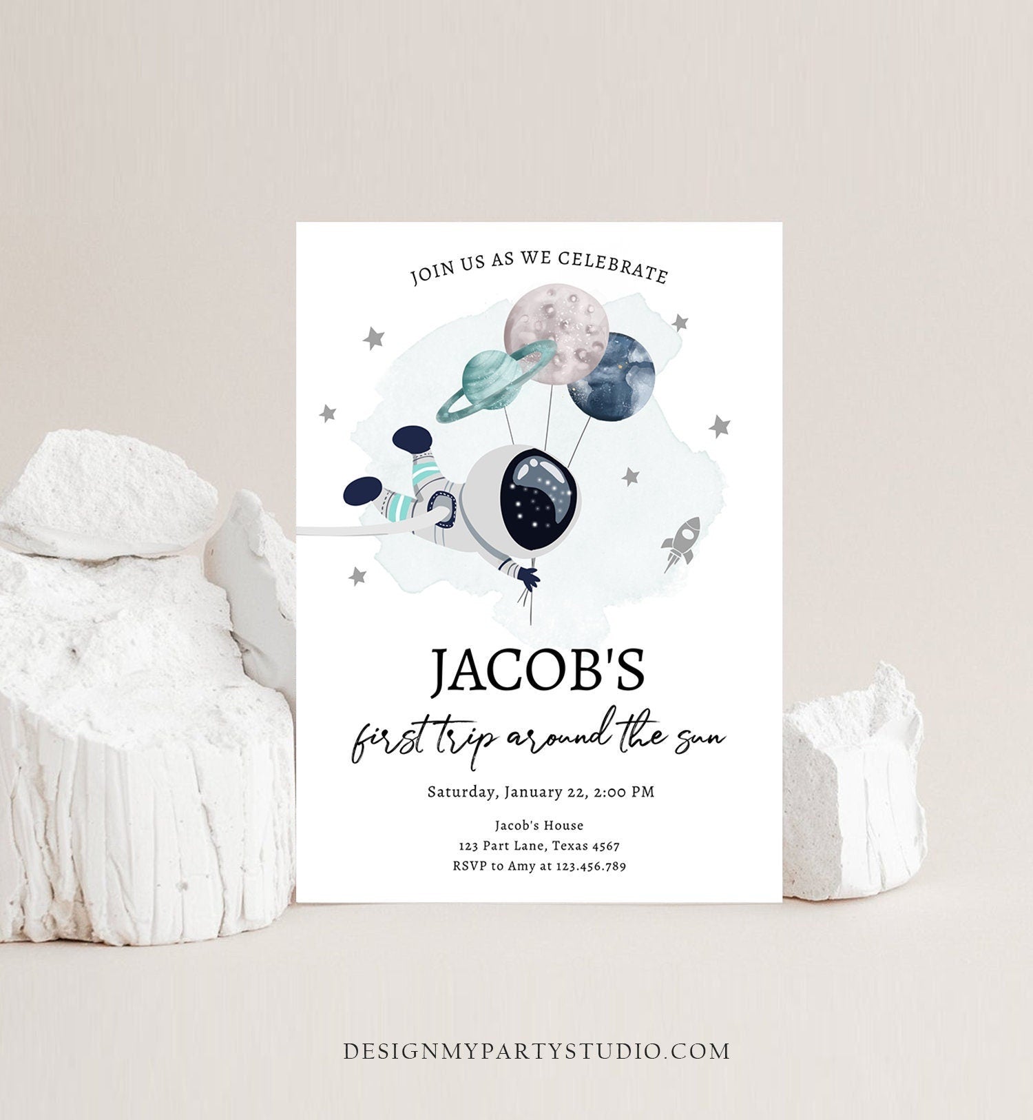 Editable Out of This World Birthday Invitation Outer Space Planets Rocket Ship Galaxy Astronaut Silver Boy Digital Template Printable 0366