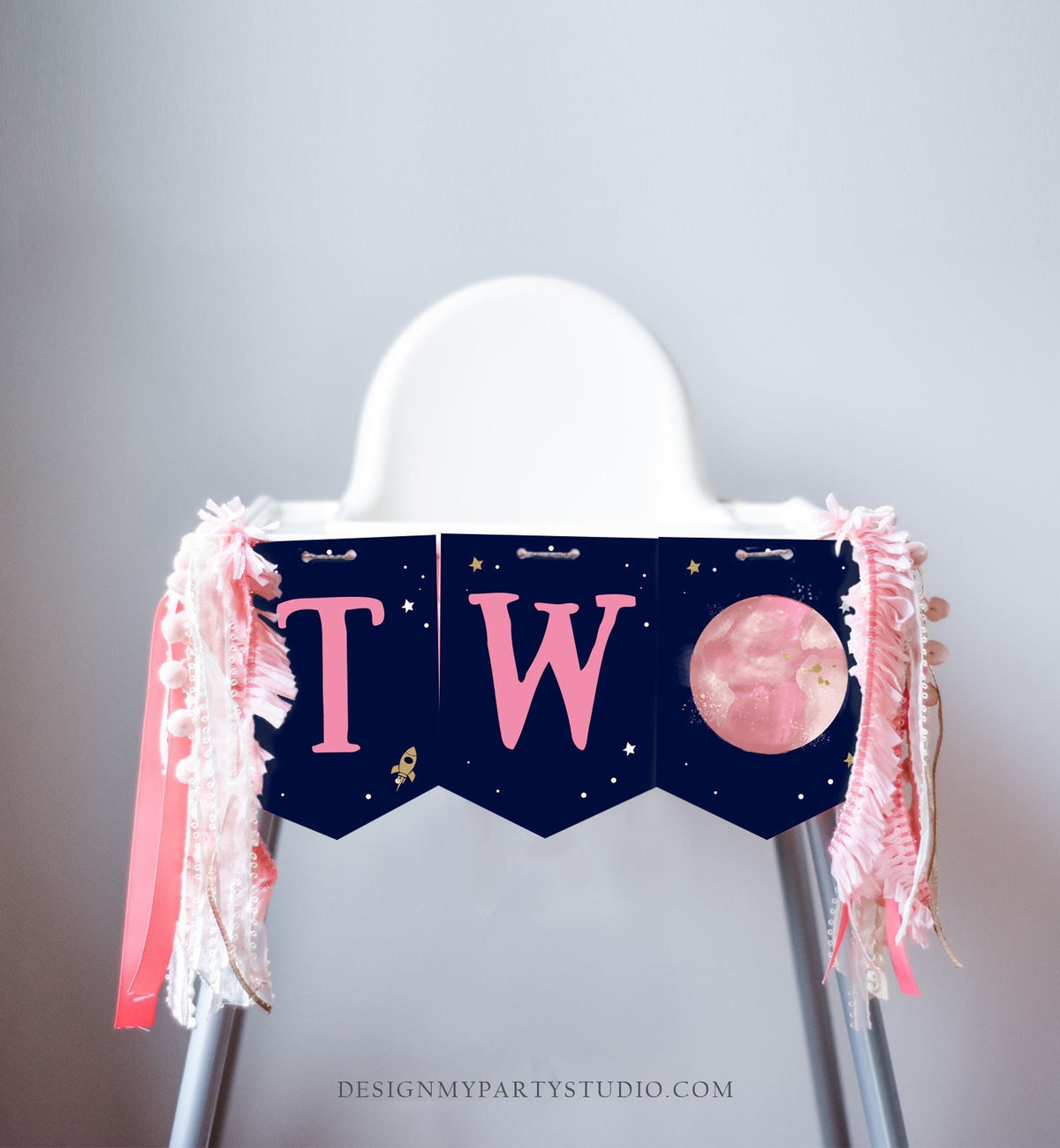 Outer Space Planets High Chair Banner Galaxy Girl 2nd Birthday Pink High Chair Banner TWO the Moon Space Digital Download Printable 0357