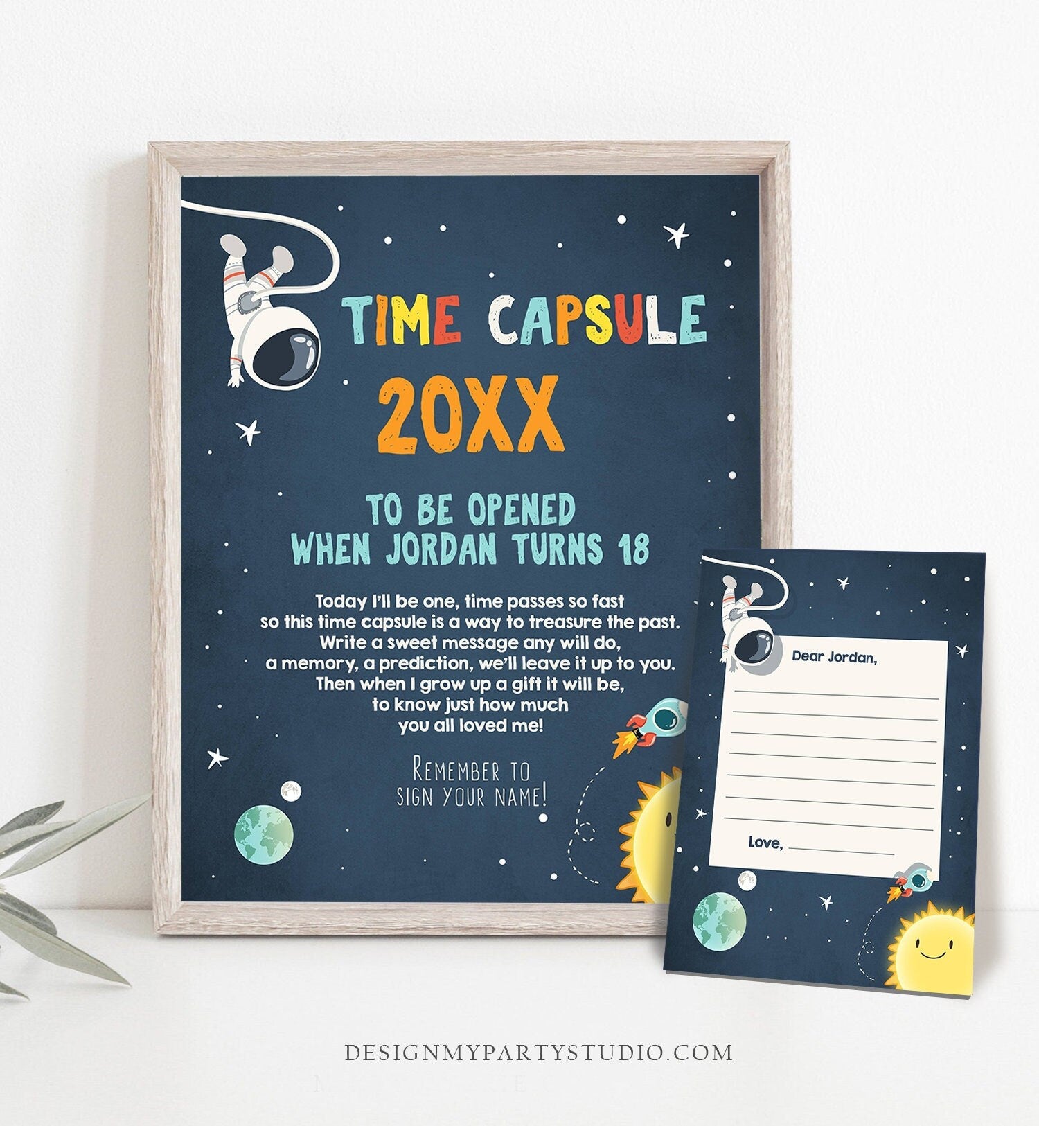 Editable Outer Space Time Capsule First Birthday Party Astronaut Rocket Space Birthday Party Boy Guestbook Digital Template Printable 0046