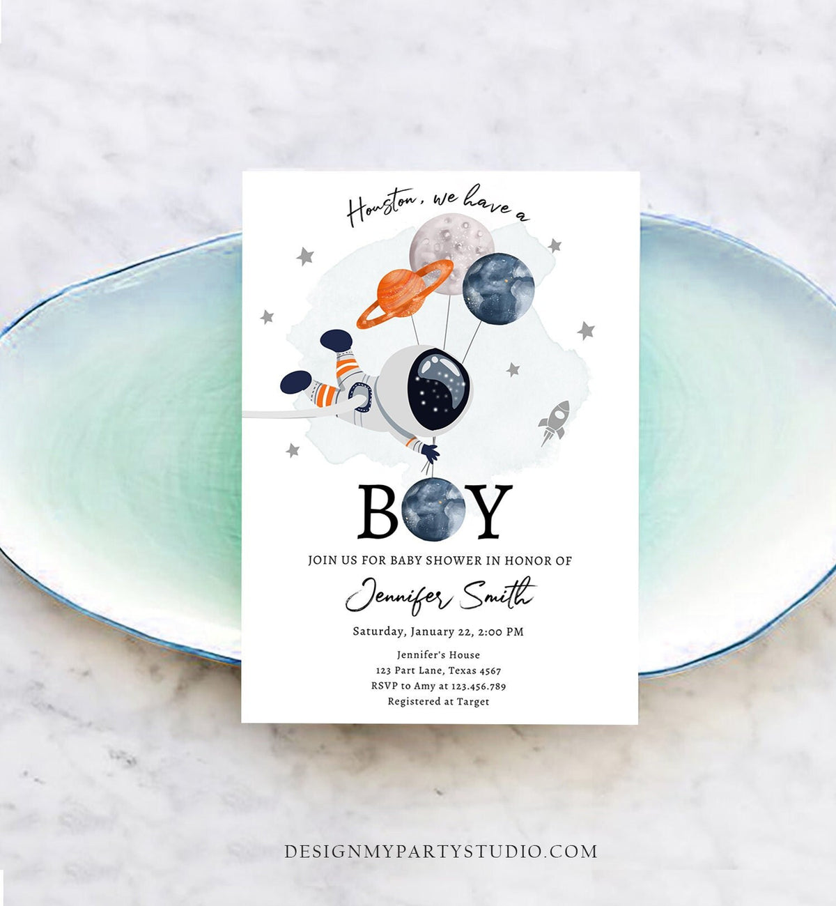 Editable Space Astronaut Baby Shower Invitation Galaxy Houston It&#39;s a Boy Orange Planets Moon Digital Download Evite Template Printable 0366