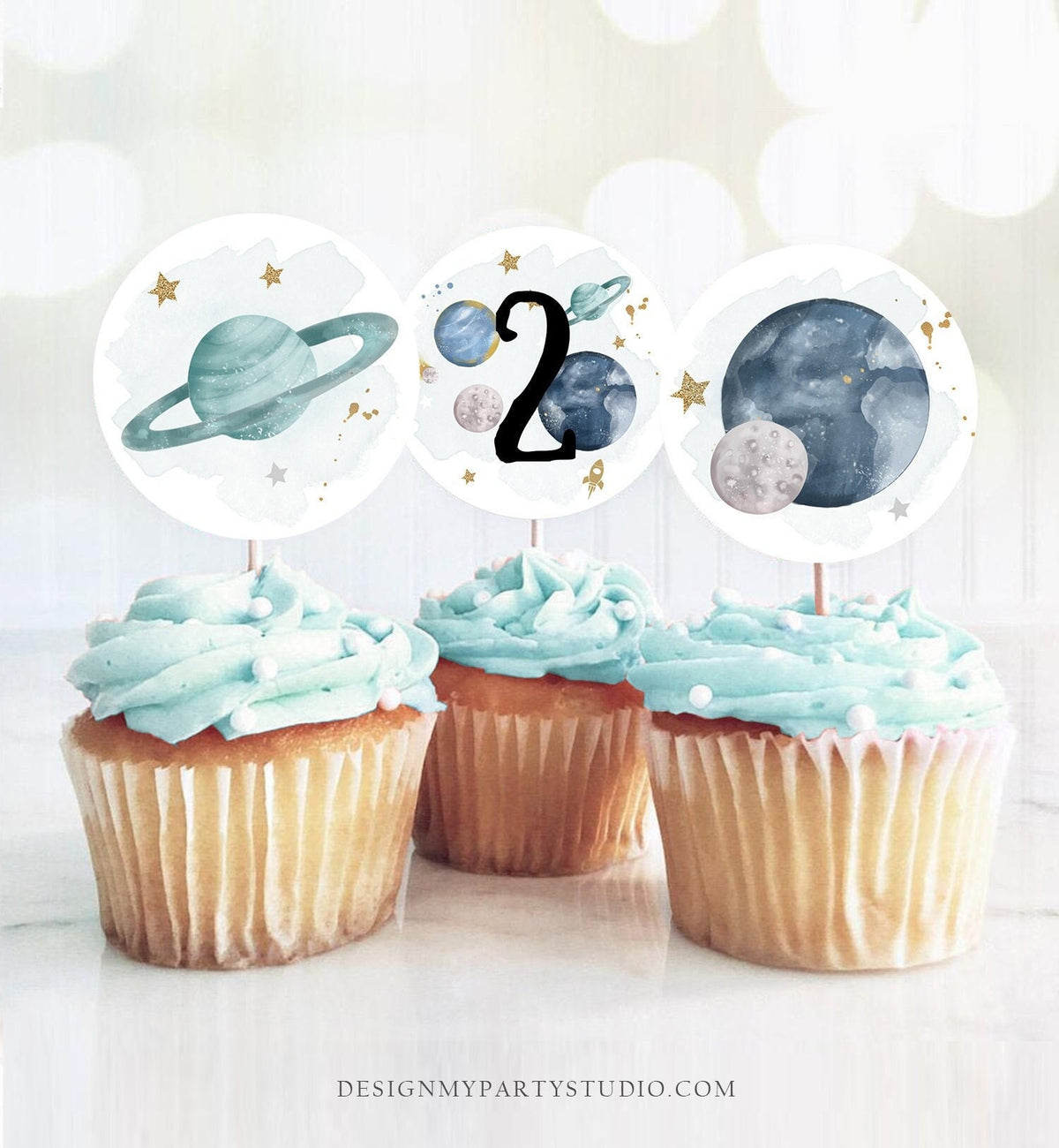 Outer Space Birthday Cupcake Toppers Second Trip Around the Sun Sticker Space Second Birthday Two Planets Digital Download Printable 0357