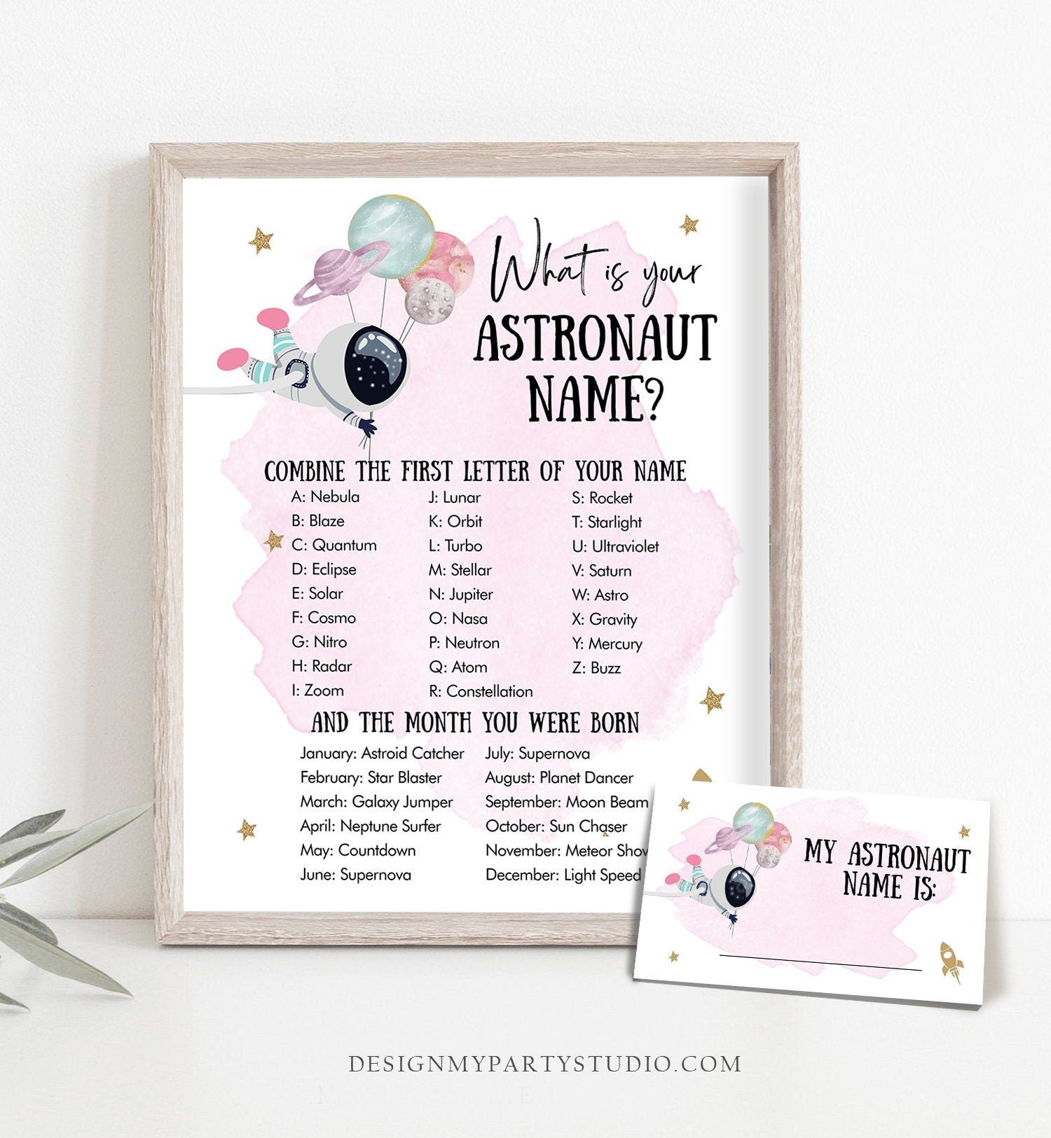Editable What Is your Astronaut Name Game Outer Space Birthday Game Galaxy Party Girl Gold Rocket Digital Download Template Printable 0366