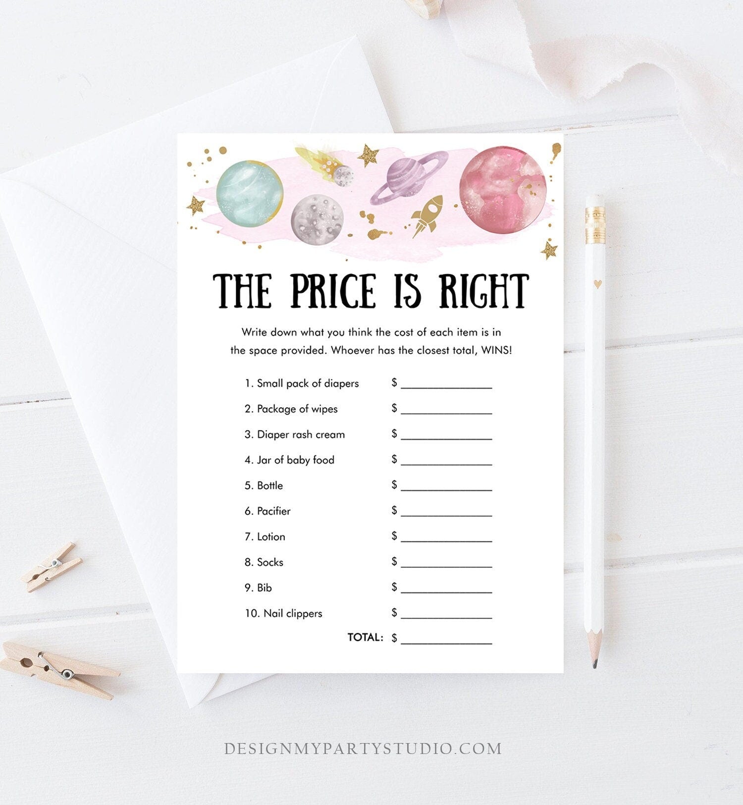 Editable The Price is Right Baby Shower Game Outer Space Planets Houston We Have Girl Rocket Activity Digital Template Printable 0357