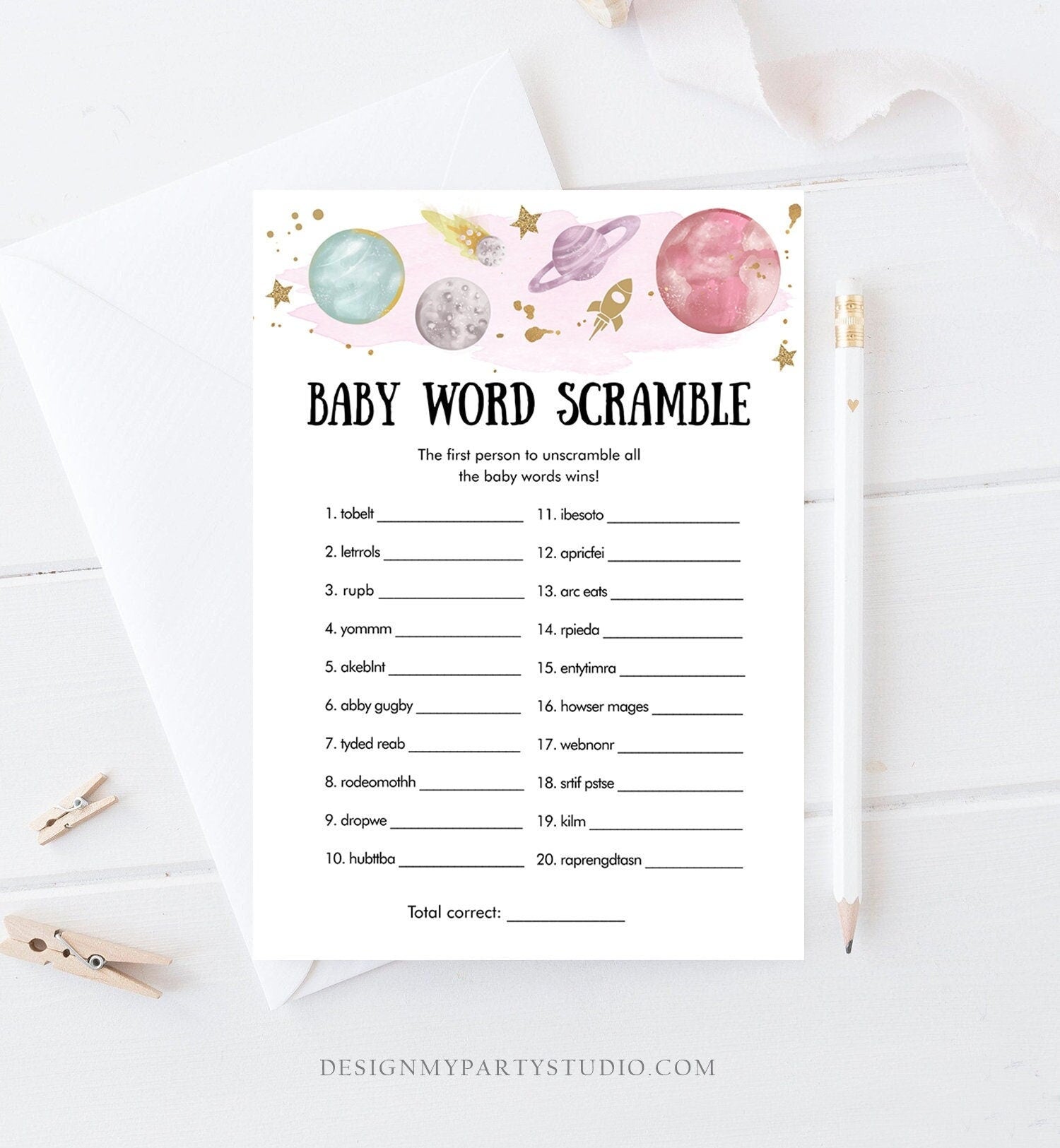 Editable Word Scramble Baby Shower Game Word Search Outer Space Planets Houston We Have a Girl Activity Digital Template Printable 0357