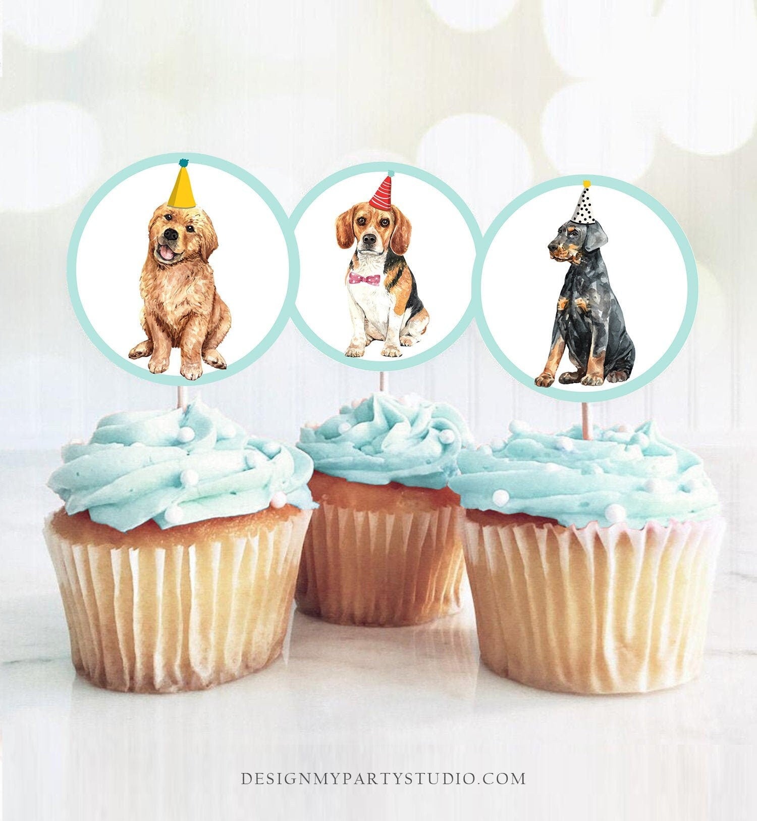 Puppy Dog Cupcake Toppers Puppy Favor Tags Puppy Birthday Dog Boy Pet Birthday Party Pup Puppies Decor Blue Digital Download Printable 0384