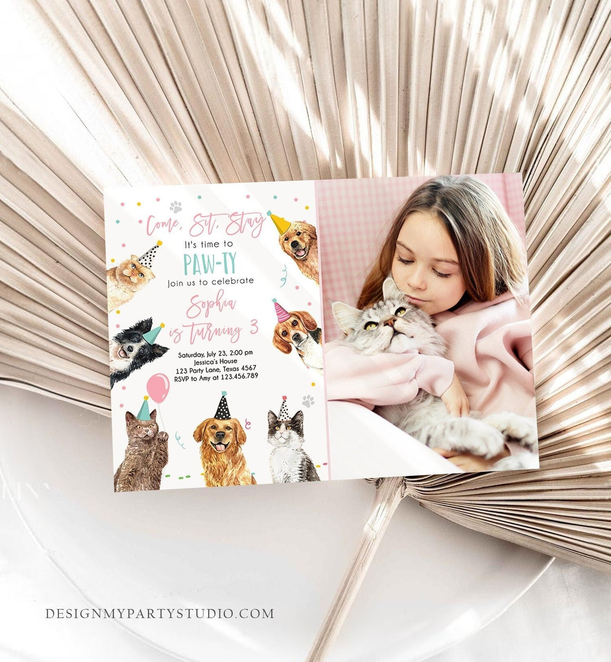 Editable Cats and Dogs Birthday Invitation Cat Dog Birthday Party Invite Girl Kitten Puppy Pawty Digital Download Template Printable 0384