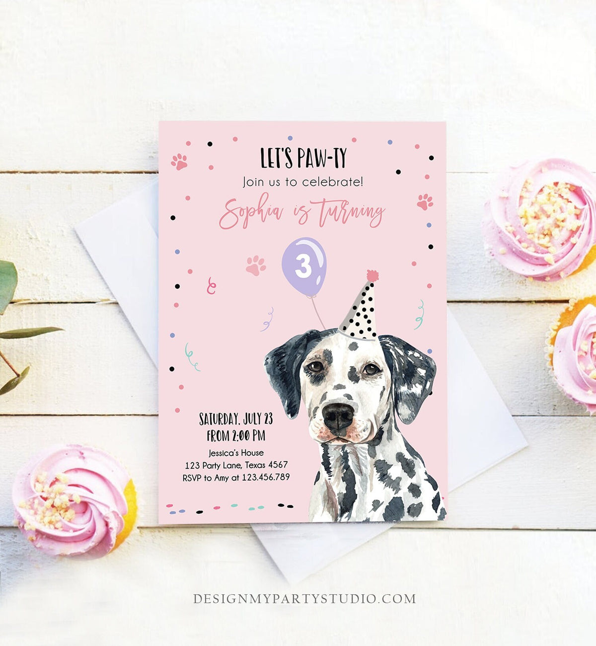 Editable Dog Birthday Party Invitation Dalmatian Birthday Pink Girl Come Sit Stay Party Animal Digital Download Template Printable 0384