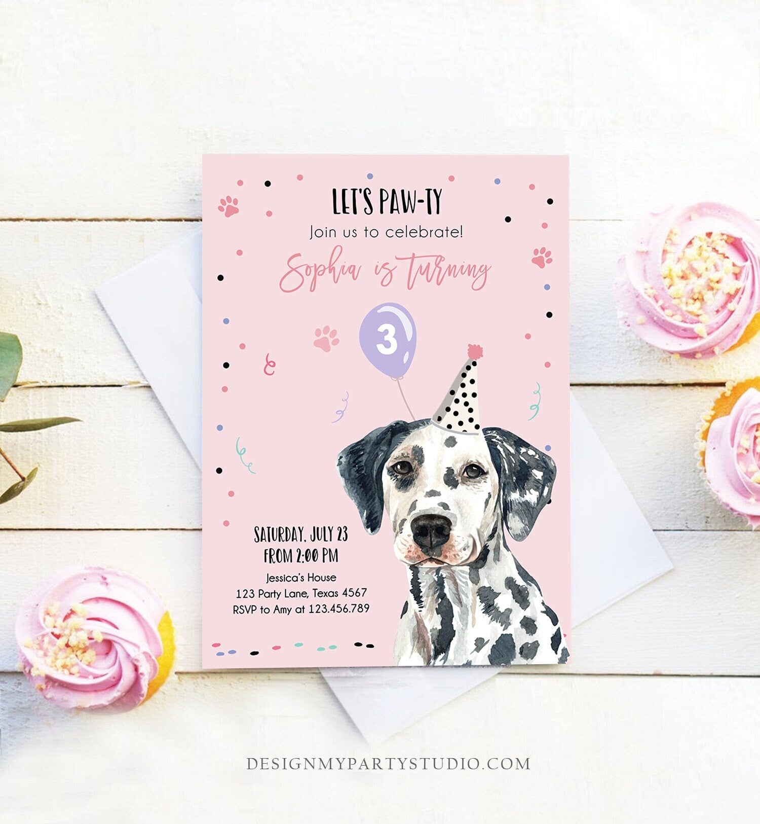 Editable Dog Birthday Party Invitation Dalmatian Birthday Pink Girl Come Sit Stay Party Animal Digital Download Template Printable 0384