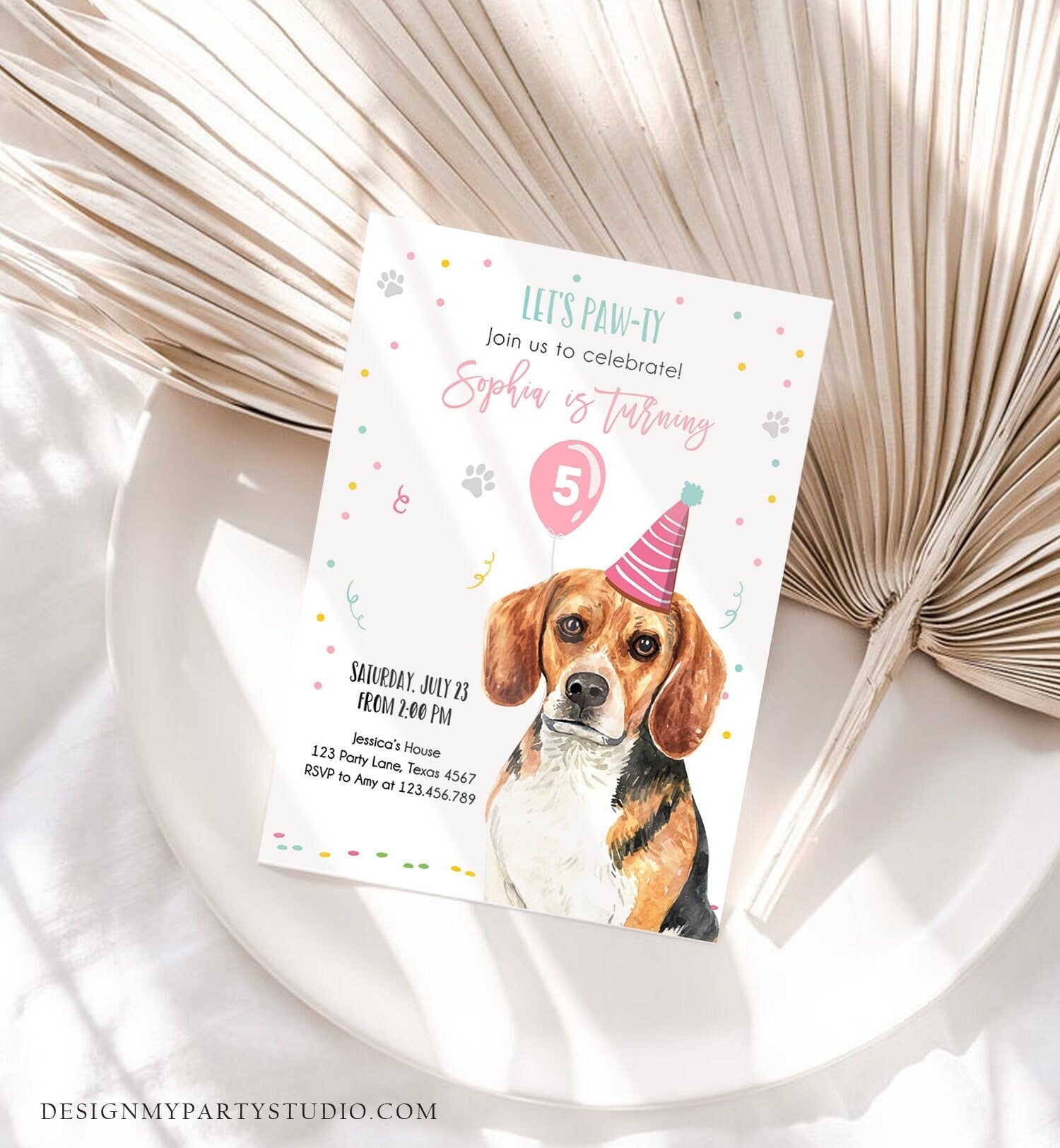 Editable Dog Birthday Party Invitation Beagle Birthday Invite Pink Girl Come Sit Stay Party Animal Digital Download Template Printable 0384