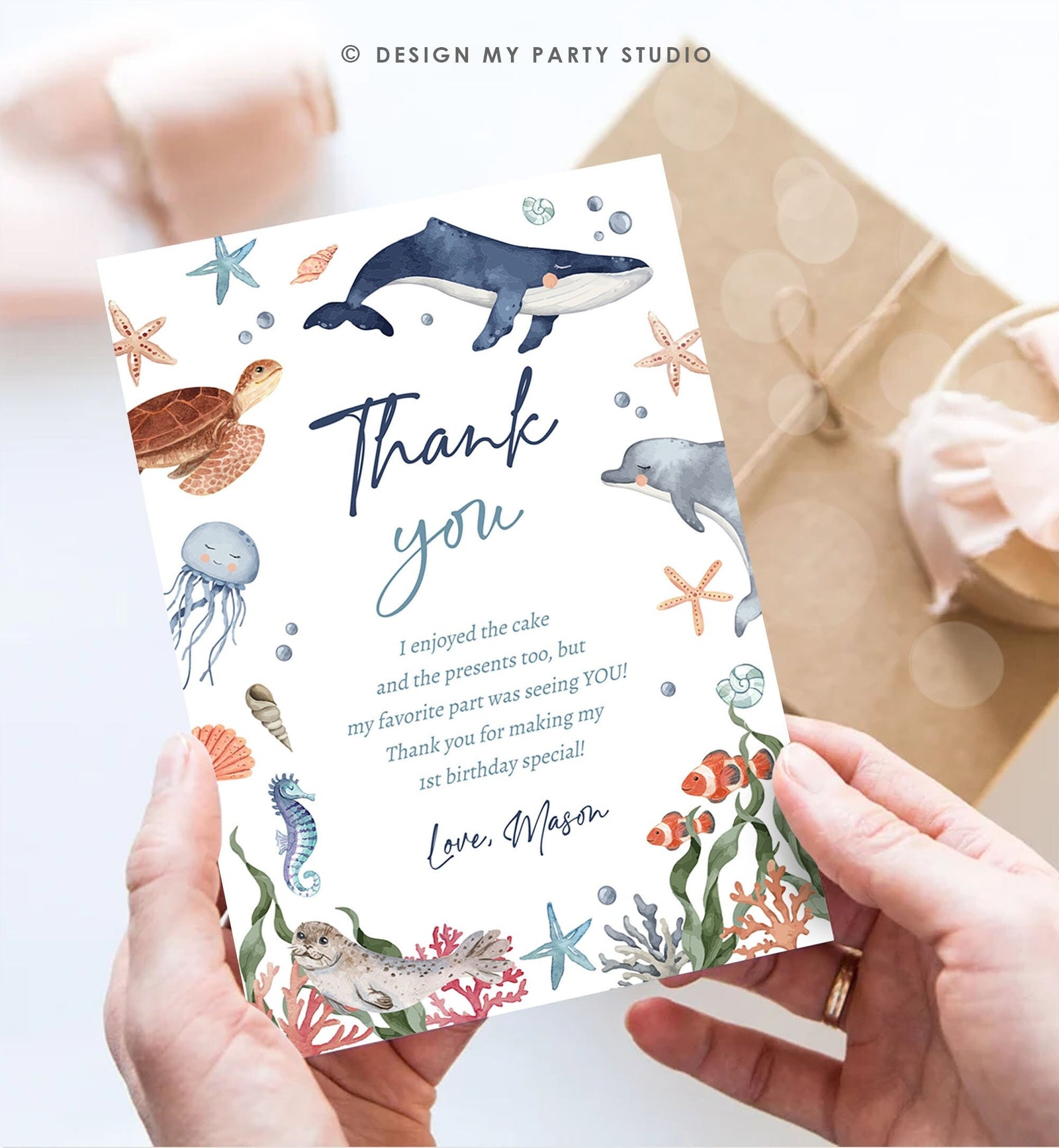 Editable Under the Sea Thank You Card Sea Ocean Animals Life Birthday Thank You Note Whale Turtle Dolphin Digital Template Printable 0504
