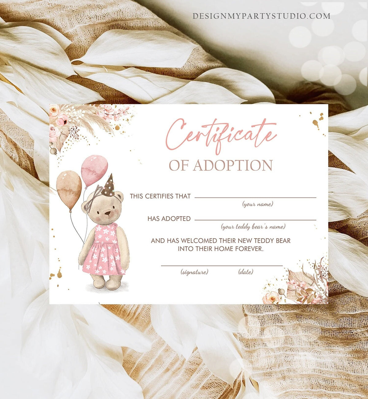 Teddy Bear Adoption Certificate Teddy Bear Birthday Boho Teddy Bear Picnic Girl Pink Adopt a Teddy Favors Digital Download Printable 0421