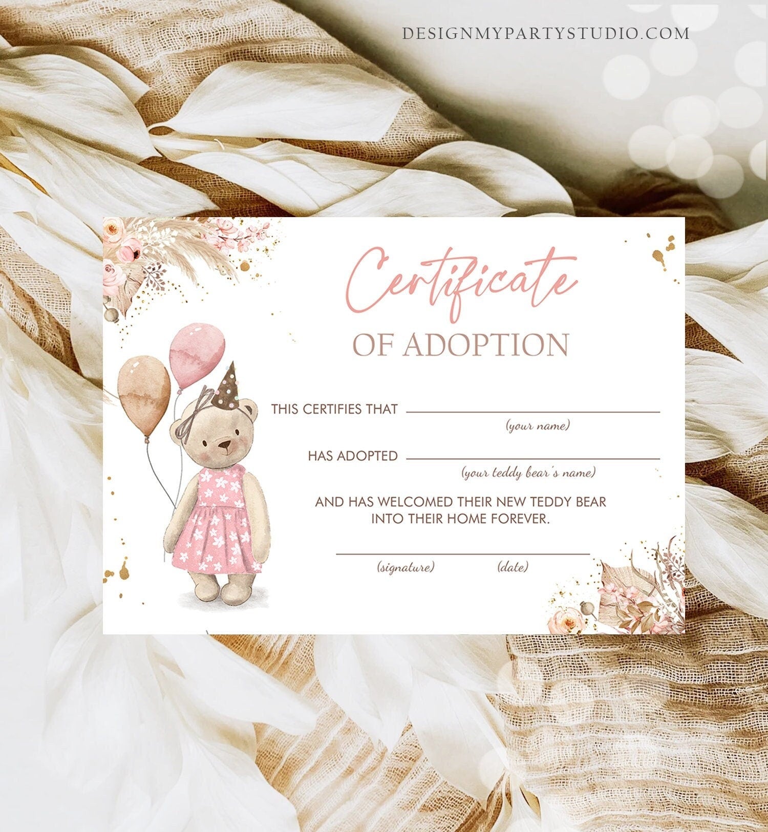Teddy Bear Adoption Certificate Teddy Bear Birthday Boho Teddy Bear Picnic Girl Pink Adopt a Teddy Favors Digital Download Printable 0421
