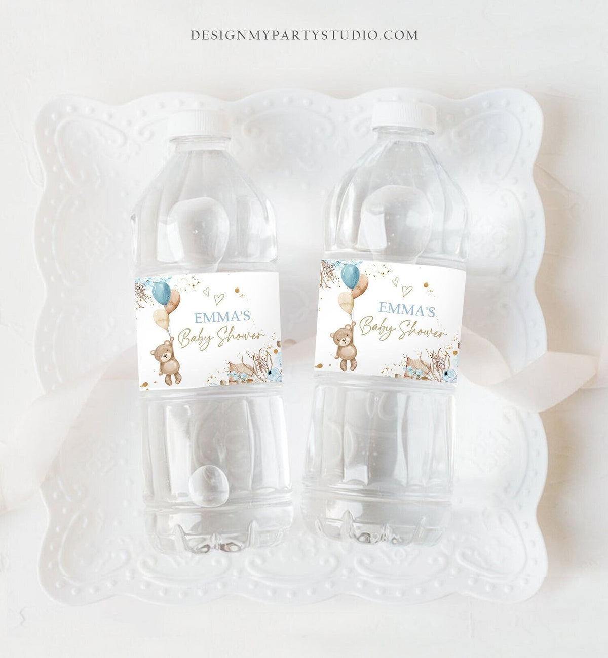 Editable Teddy Bear Water Bottle Label Boho Rustic Bearly Wait Baby Shower Party Decor Boy Blue Digital Download Template Printable 0421