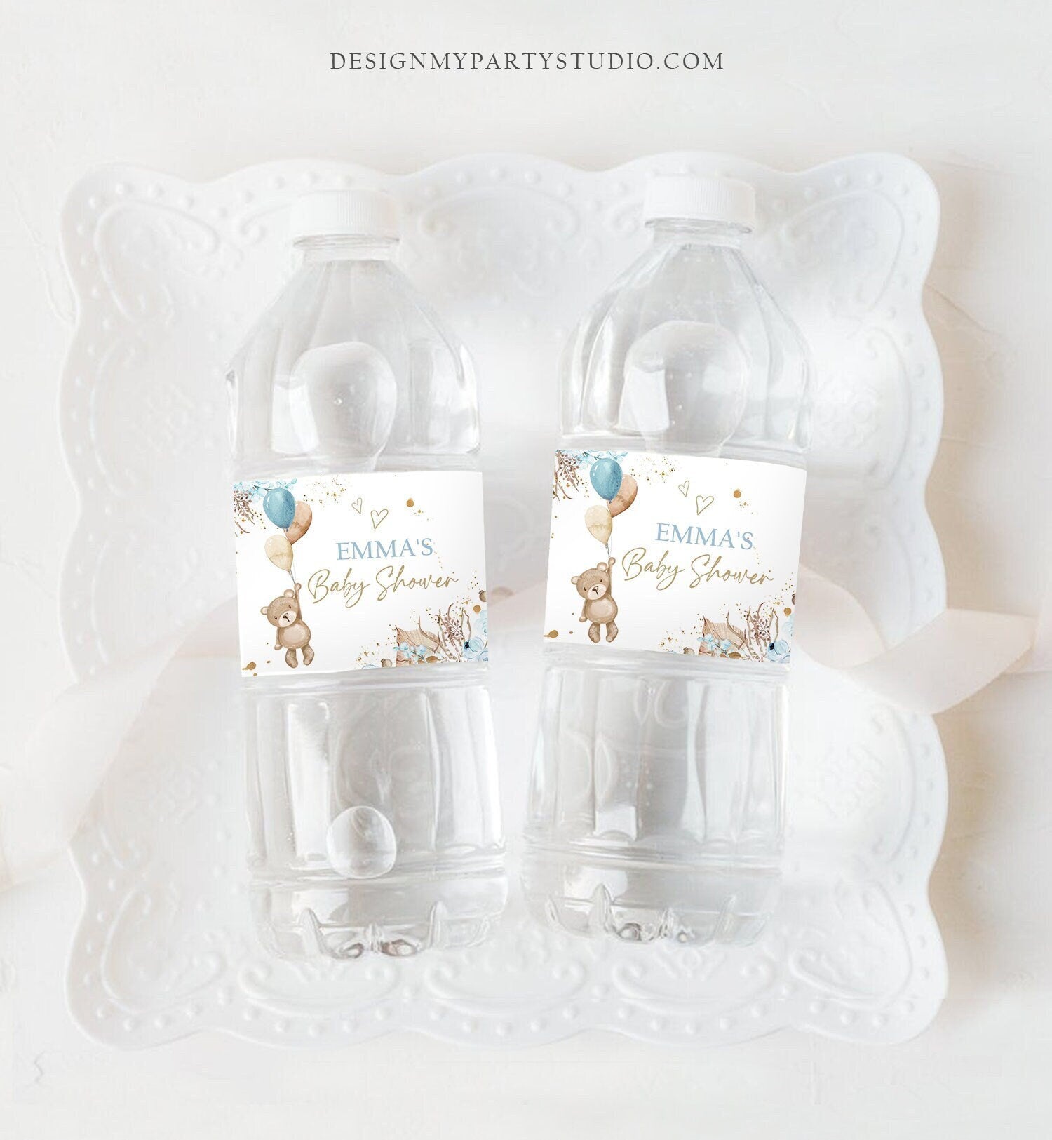 Editable Teddy Bear Water Bottle Label Boho Rustic Bearly Wait Baby Shower Party Decor Boy Blue Digital Download Template Printable 0421