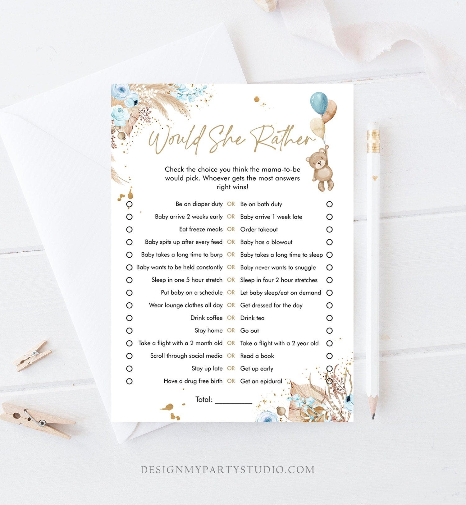 Editable Would She Rather Baby Shower Game Teddy Bear Baby Shower Boho Boy Bearly Wait Pampas Grass Guess Digital Template Printable 0421