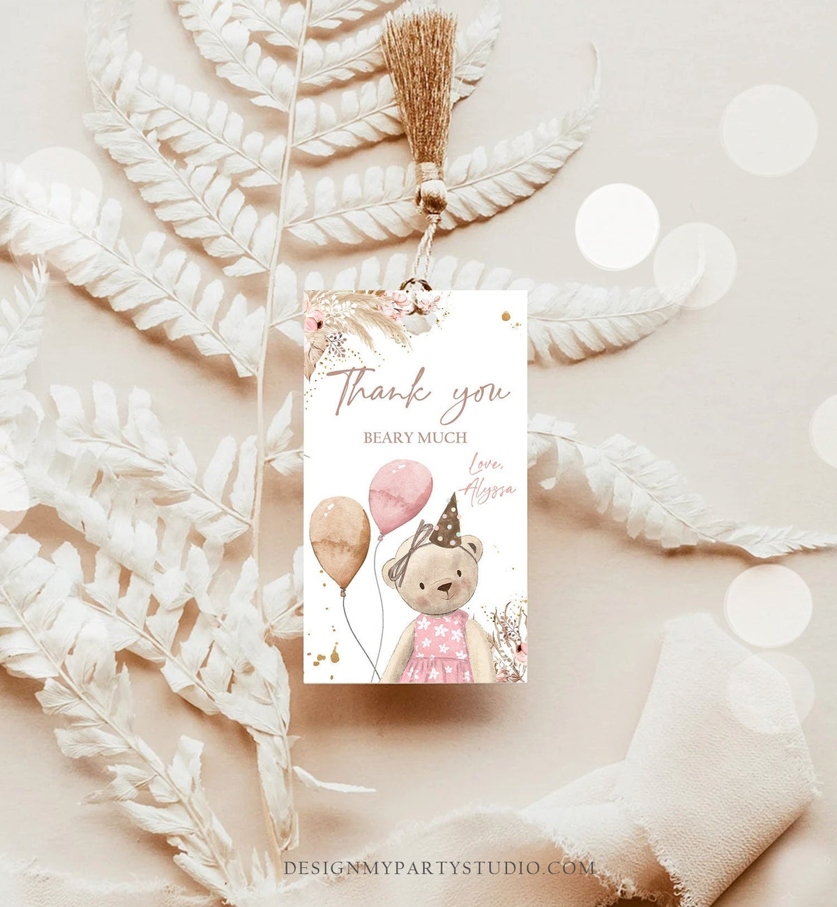 Editable Boho Teddy Bear Favor Tags Thank You Beary Much Tag Teddy Bear Birthday Tag Picnic Pink Girl Pampas Digital Template Pintable 0421