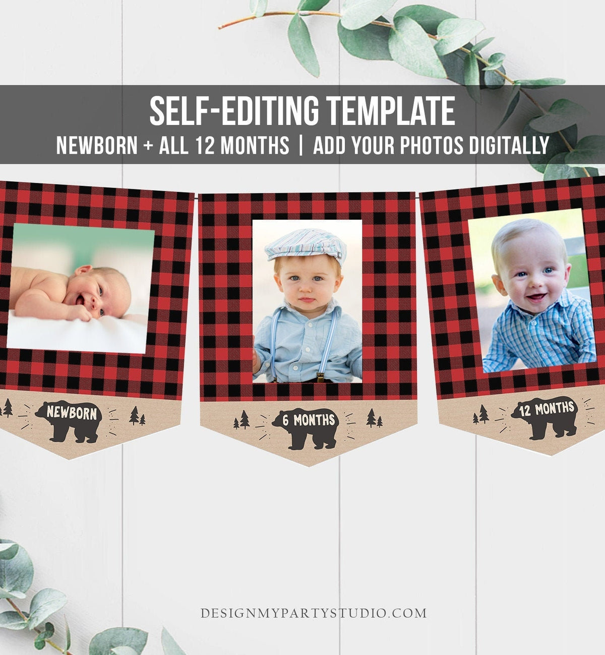 Editable Lumberjack First Birthday Banner Monthly Photo Banner Bear Buffalo Plaid Party Decor Digital Download Template Printable 0026